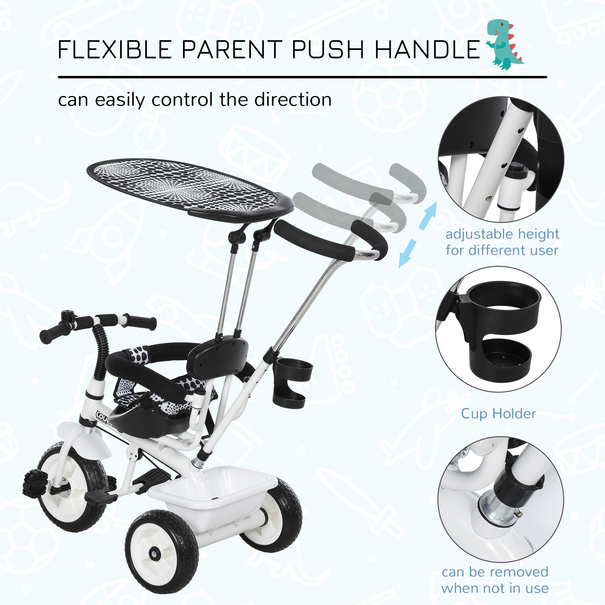 HOMCOM Baby Tricycle W/Handle-White/Black