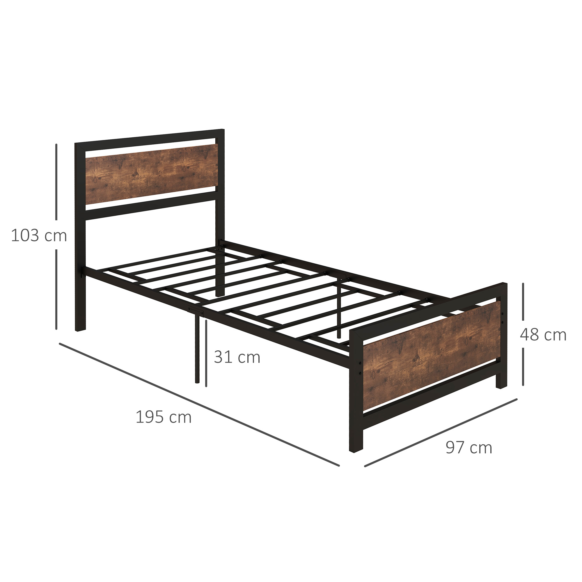 HOMCOM Single Metal Bed Frame, Strong Slat Support, Headboard & Footboard, Solid Bedstead Base with Underbed Storage, No Box Spring Required, Black.