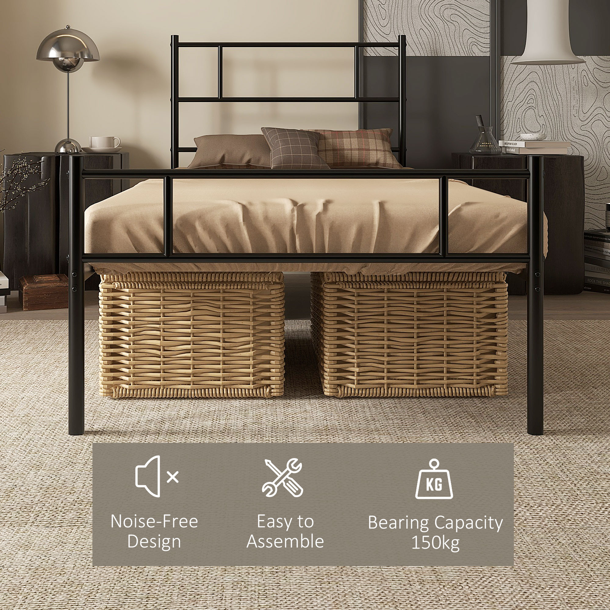 HOMCOM Single Metal Bed Frame with Headboard and Footboard, Solid Bedstead, Metal Slat Support, Underbed Storage, Bedroom Furniture