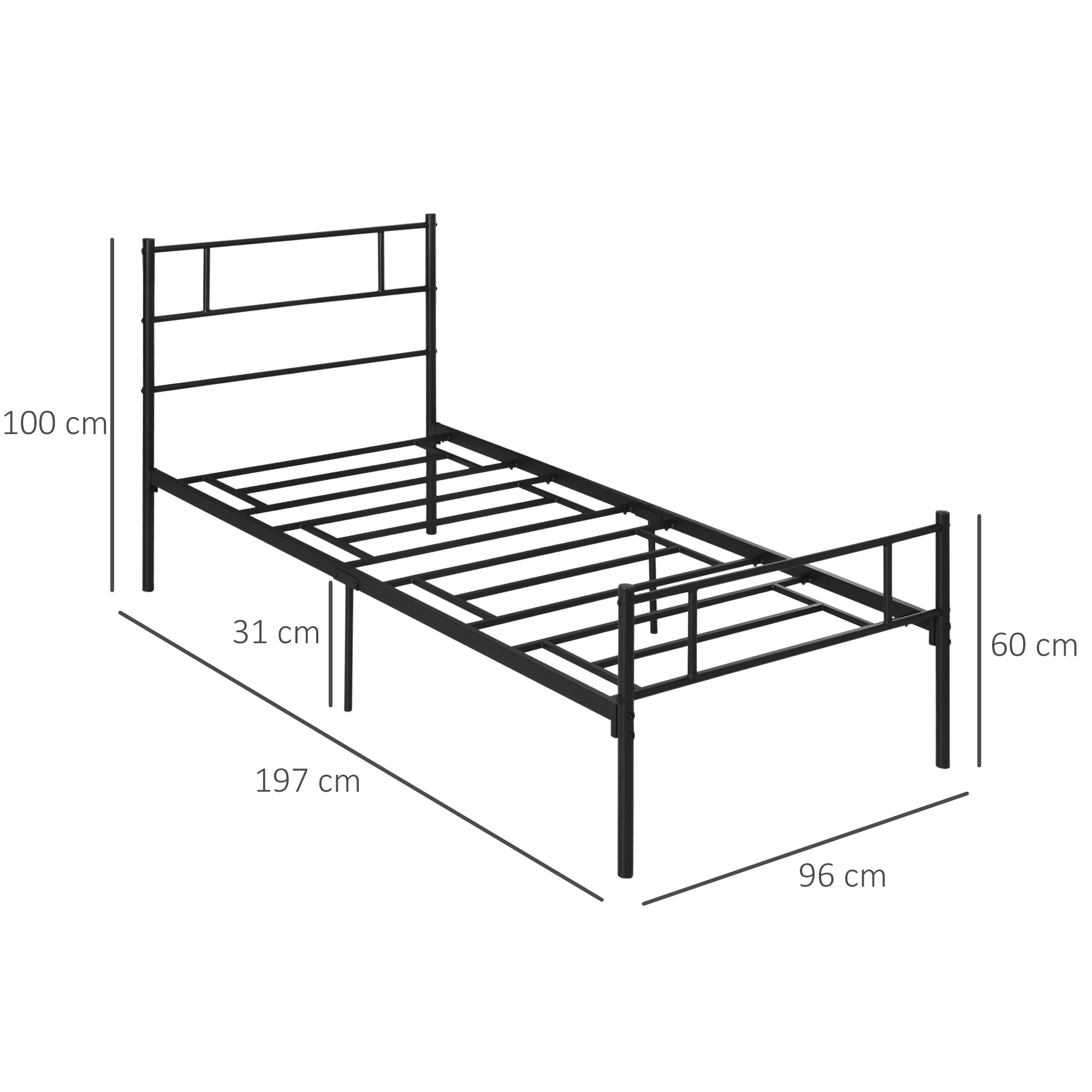 HOMCOM Single Metal Bed Frame with Headboard and Footboard, Solid Bedstead, Metal Slat Support, Underbed Storage, Bedroom Furniture