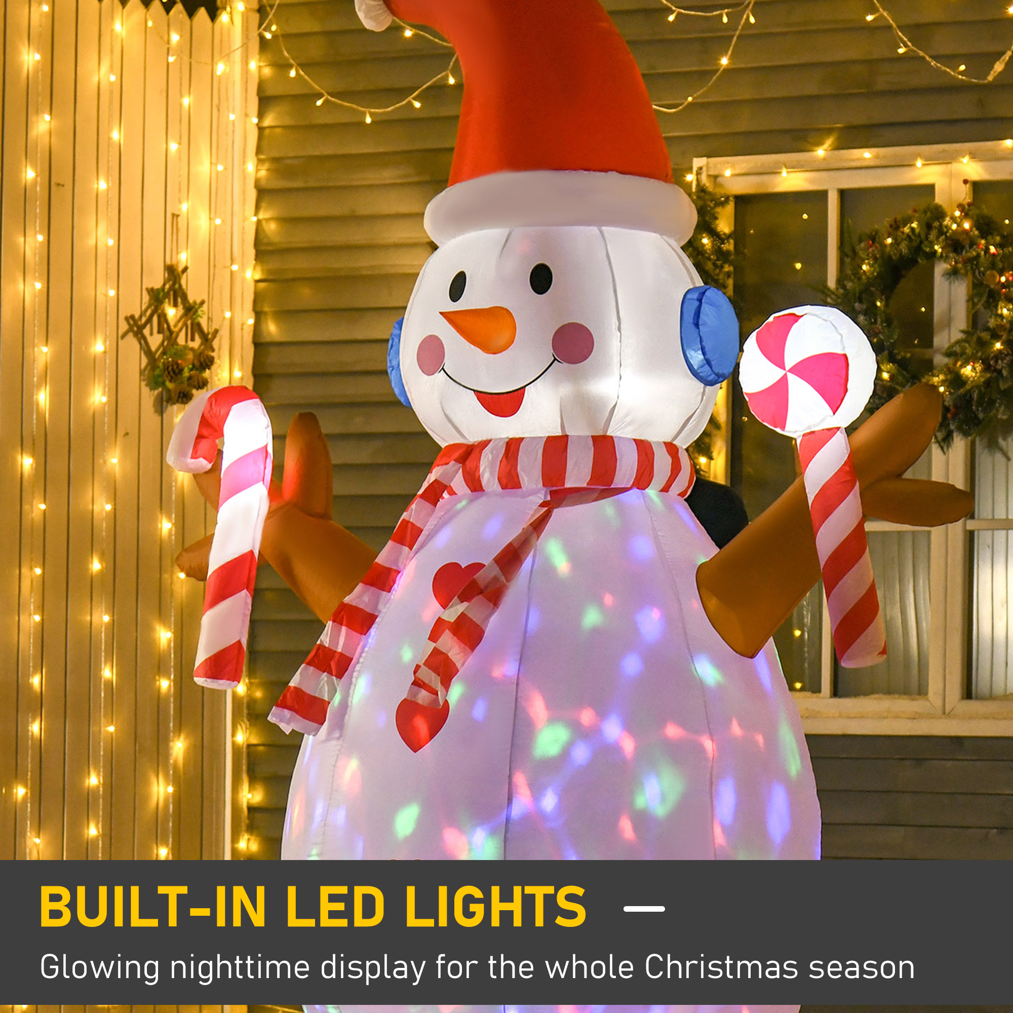 HOMCOM 2.4m Christmas Inflatable Snowman with Candy, Rotating Lighted for Home Indoor Outdoor Garden Lawn Decoration Party Prop