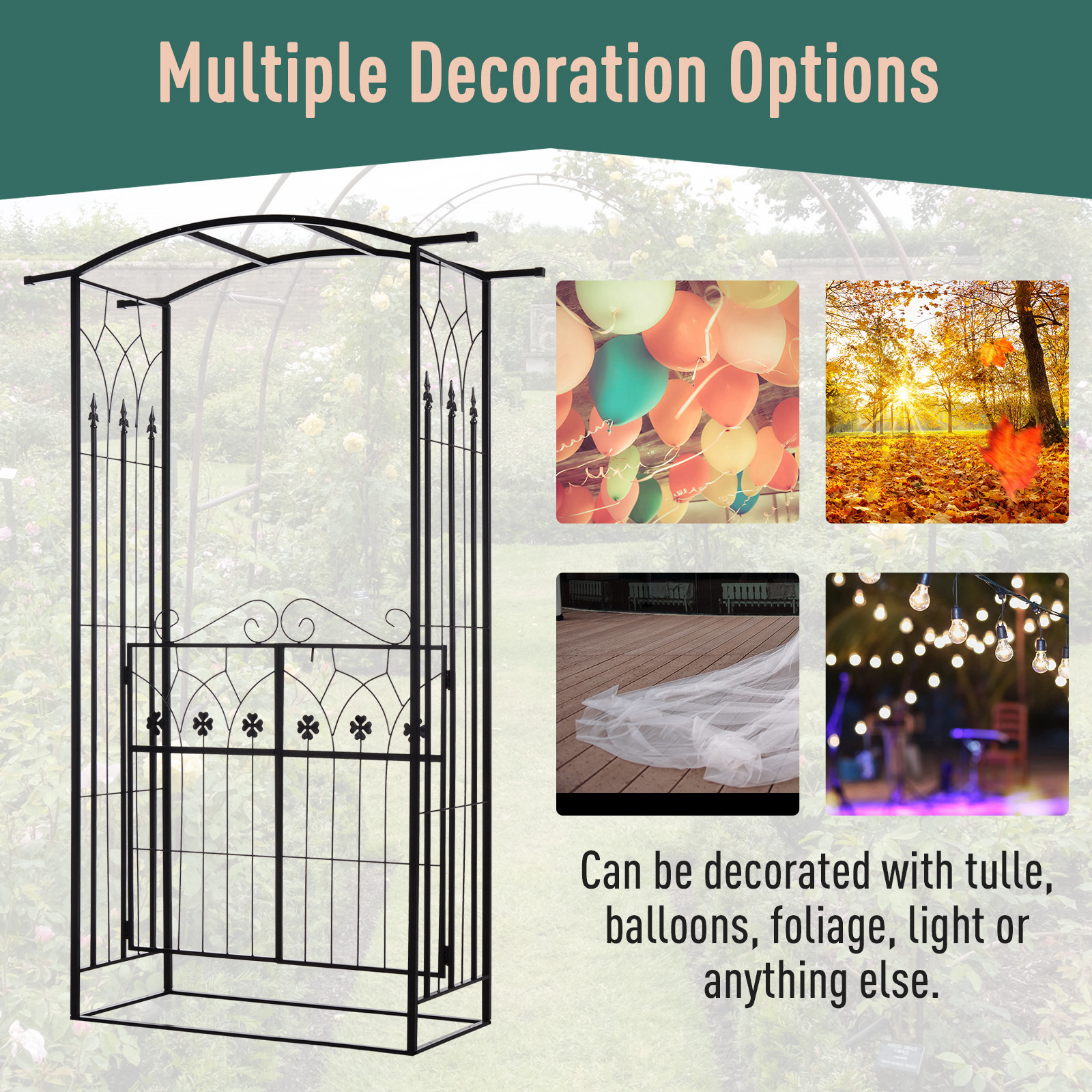 Outsunny Metal Frame Outdoor Garden Entrance Arch w/ Gate Black