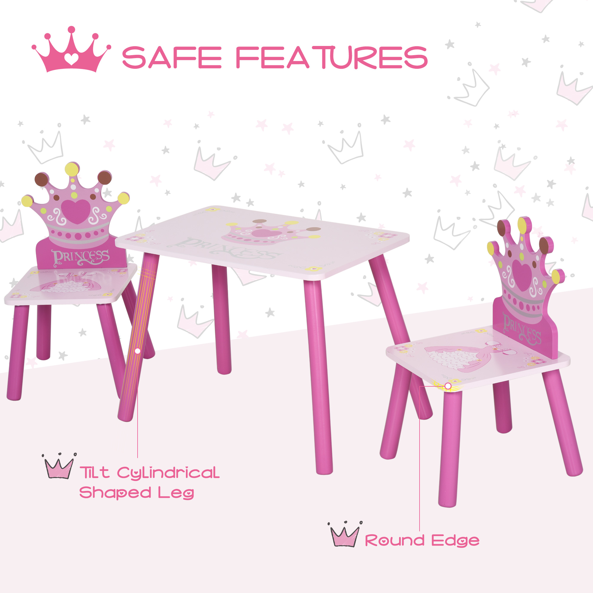 HOMCOM Kids' Wooden Table and Chair Set with Crown Pattern, Easy-Clean Surface, Ideal Gift for Girls Toddlers Aged 3 to 8, Pink