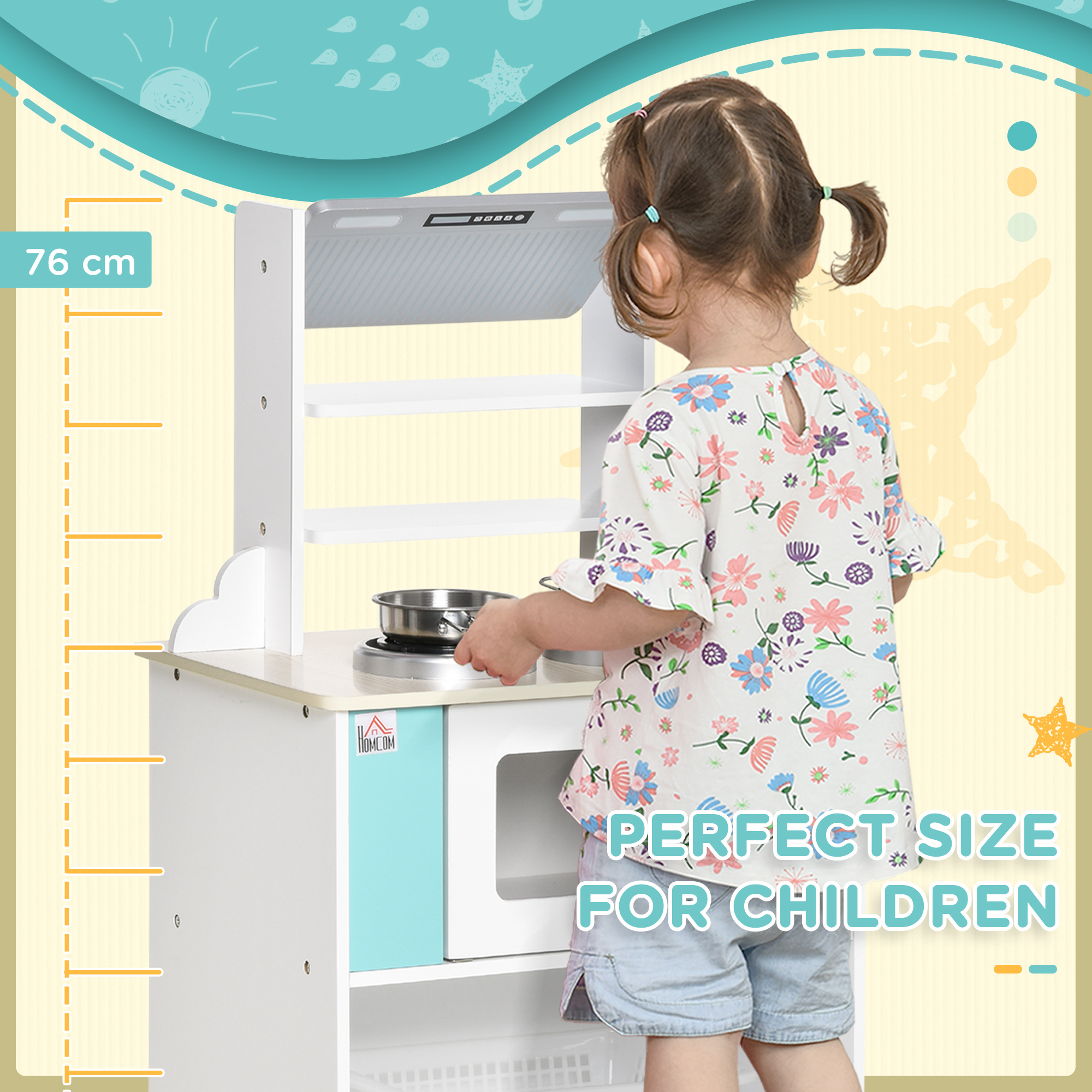 HOMCOM Kids Kitchen Play Cooking Toy Set, Educational Pretend Role Playset Game, Multiple Storage, Cooking Bench, Pots, Storage Basket, Nature Wood