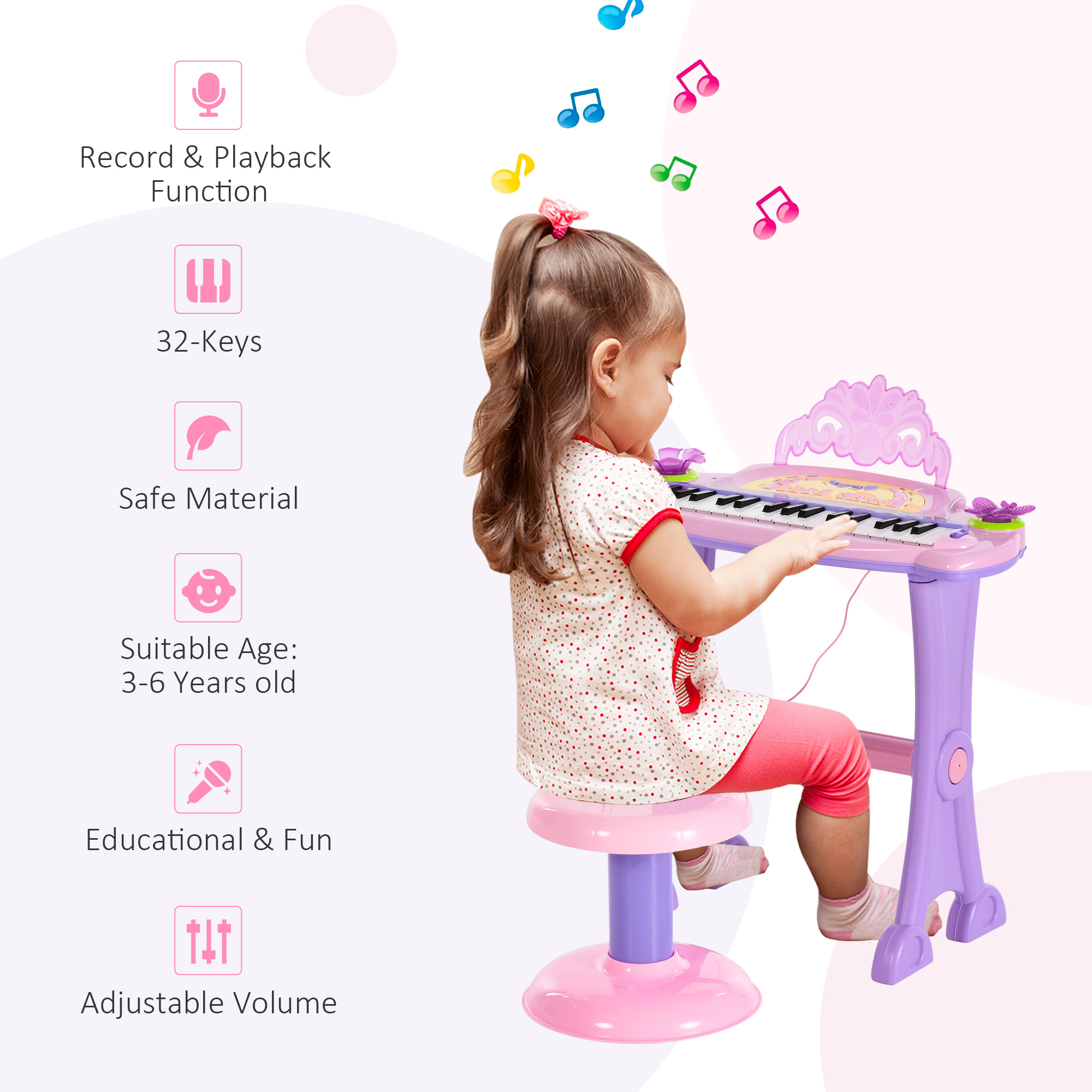 HOMCOM Electronic Organ for Kids, Mini Piano with Microphone and Stool, Interactive Music Play, Purple/Pink