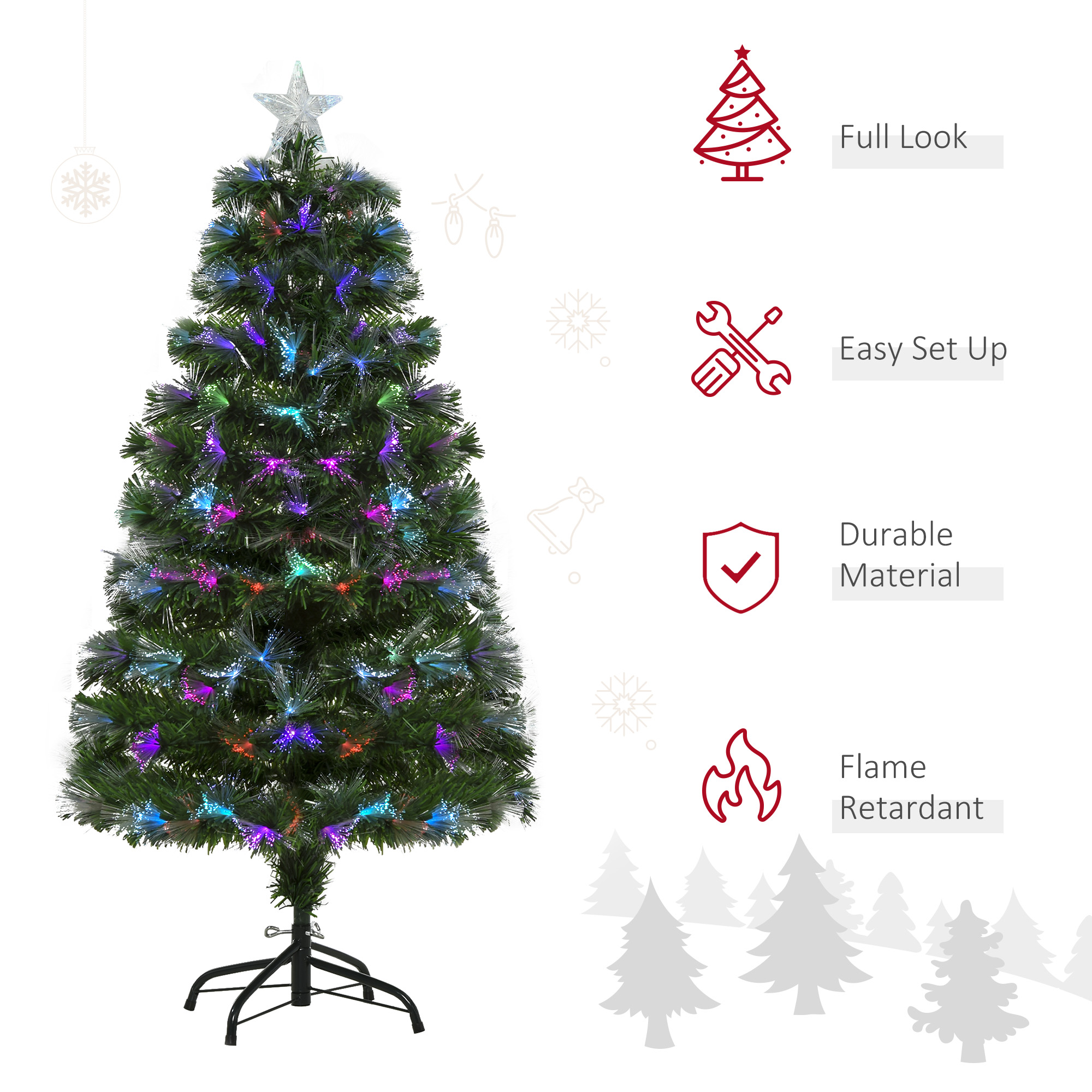 HOMCOM HOMCM 1.2m Tall Artificial Tree Fiber Optic Colorful LED Pre-Lit Holiday Home Christmas Decoration with Flash Mode, Green