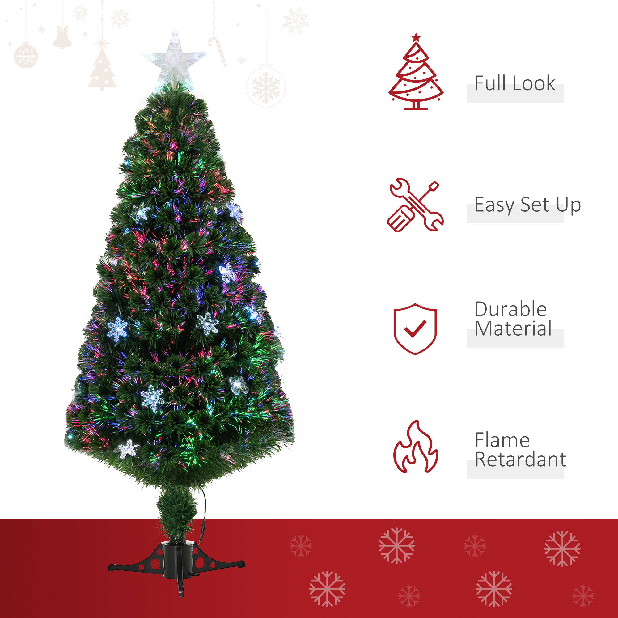 HOMCOM 5ft Prelit Artificial Christmas Tree Fiber Optic LED Light Holiday Home Xmas Decoration Tree with Foldable Feet, Green