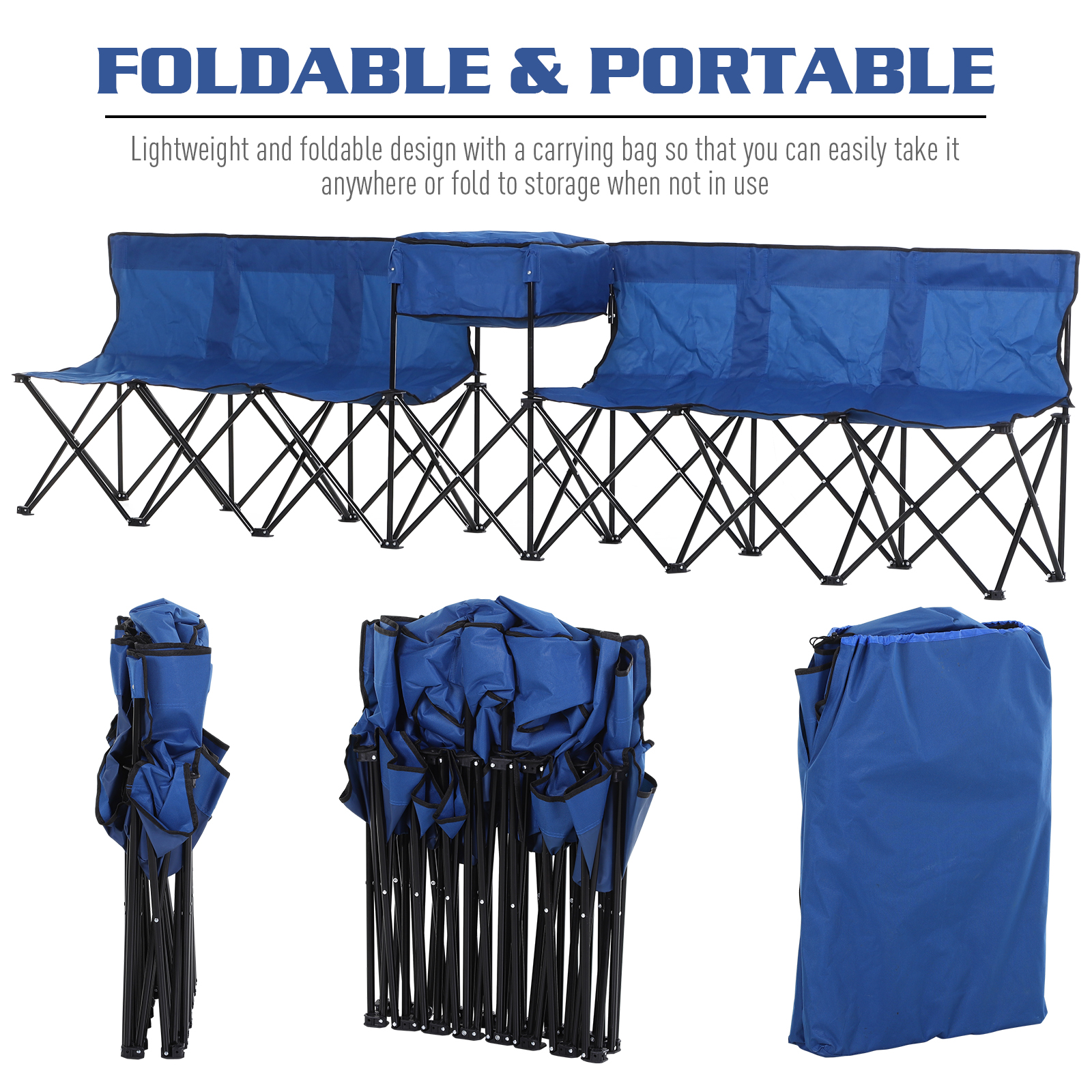 Outsunny Folding Camping Bench for 6, Steel Frame with Cooler Bag, Portable Seating Solution, Blue