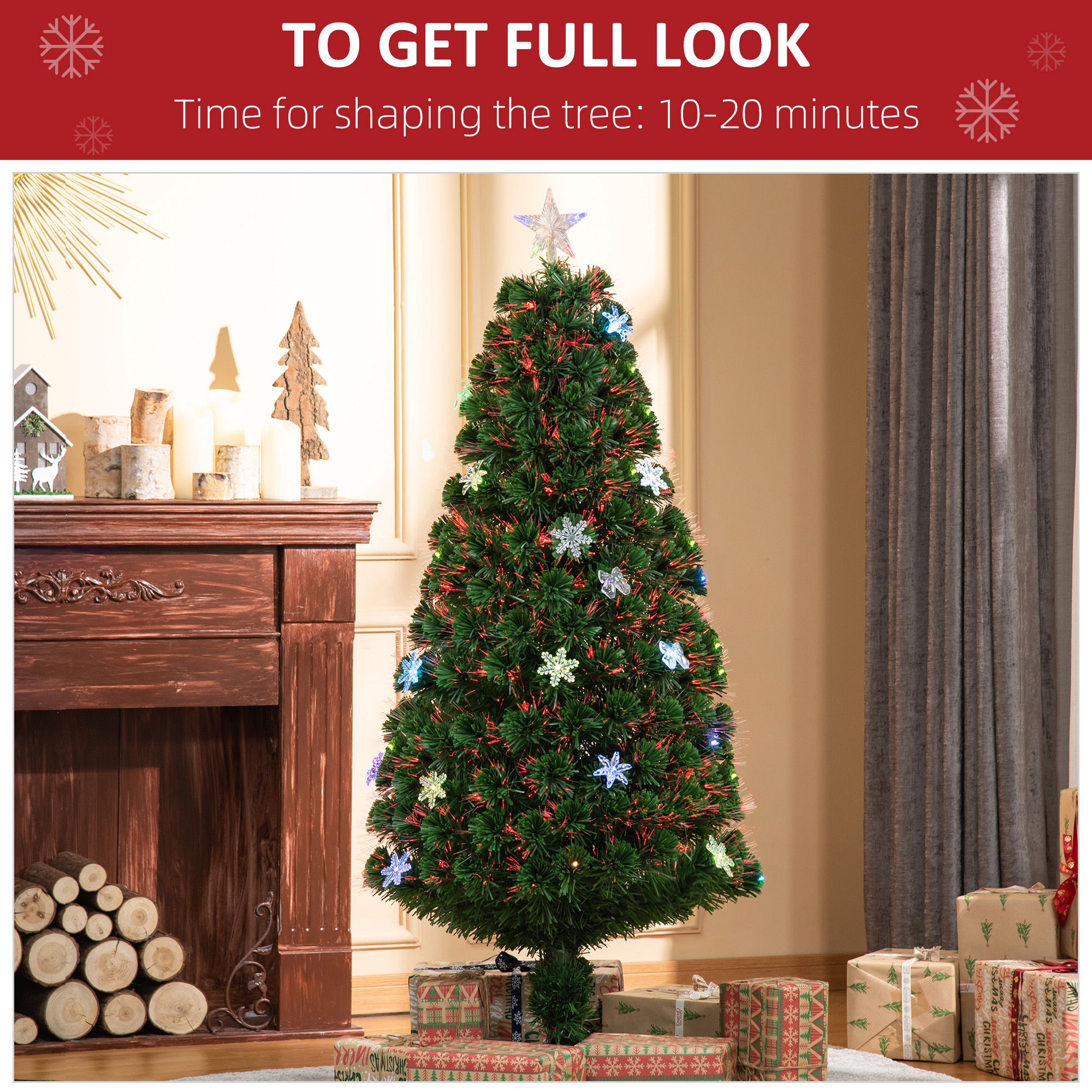 HOMCOM 5ft Prelit Artificial Christmas Tree Fiber Optic LED Light Holiday Home Xmas Decoration Tree with Foldable Feet, Green