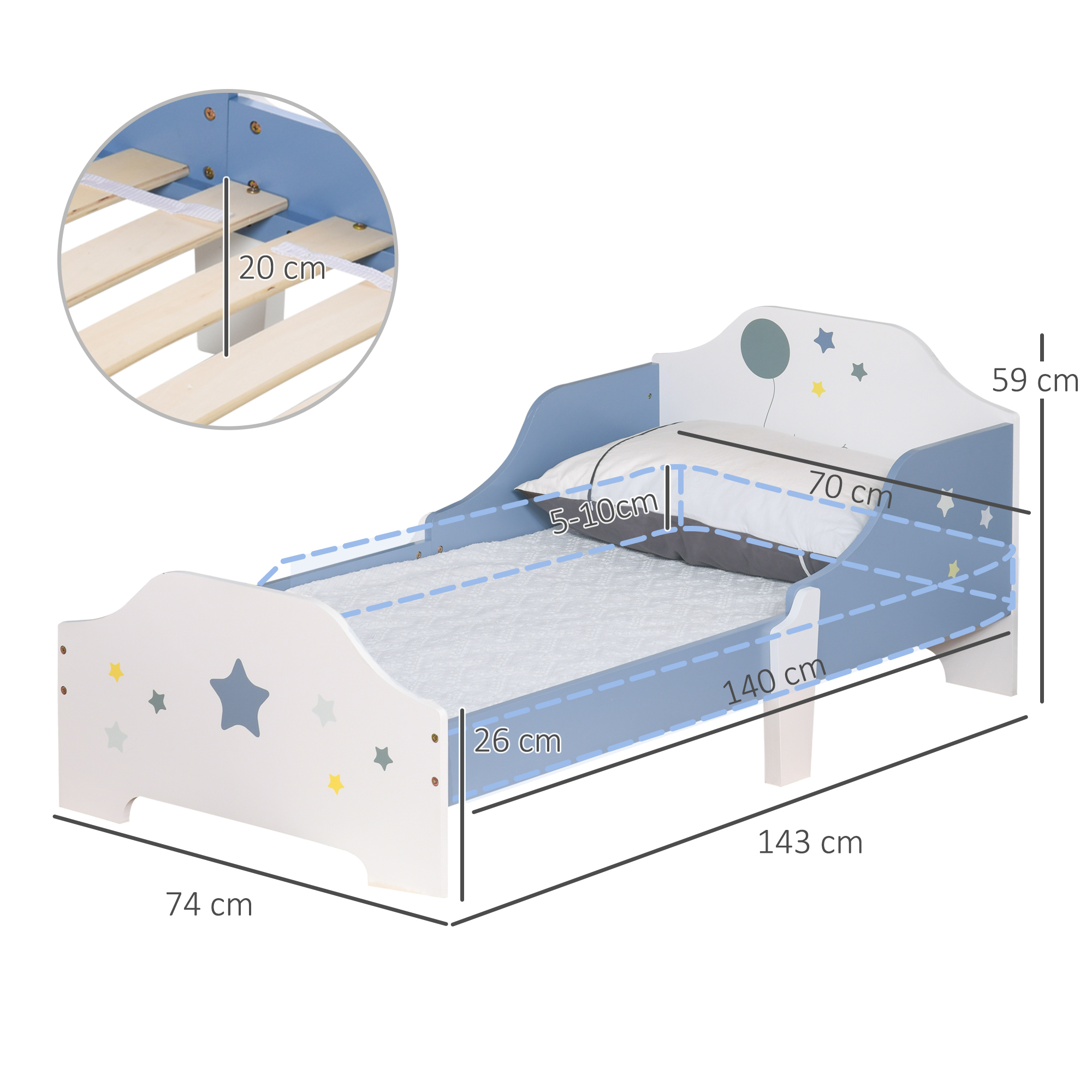 HOMCOM Kids Toddler Wooden Bed Round Edged with Guardrails Stars Image 143 x 74 x 59 cm Blue