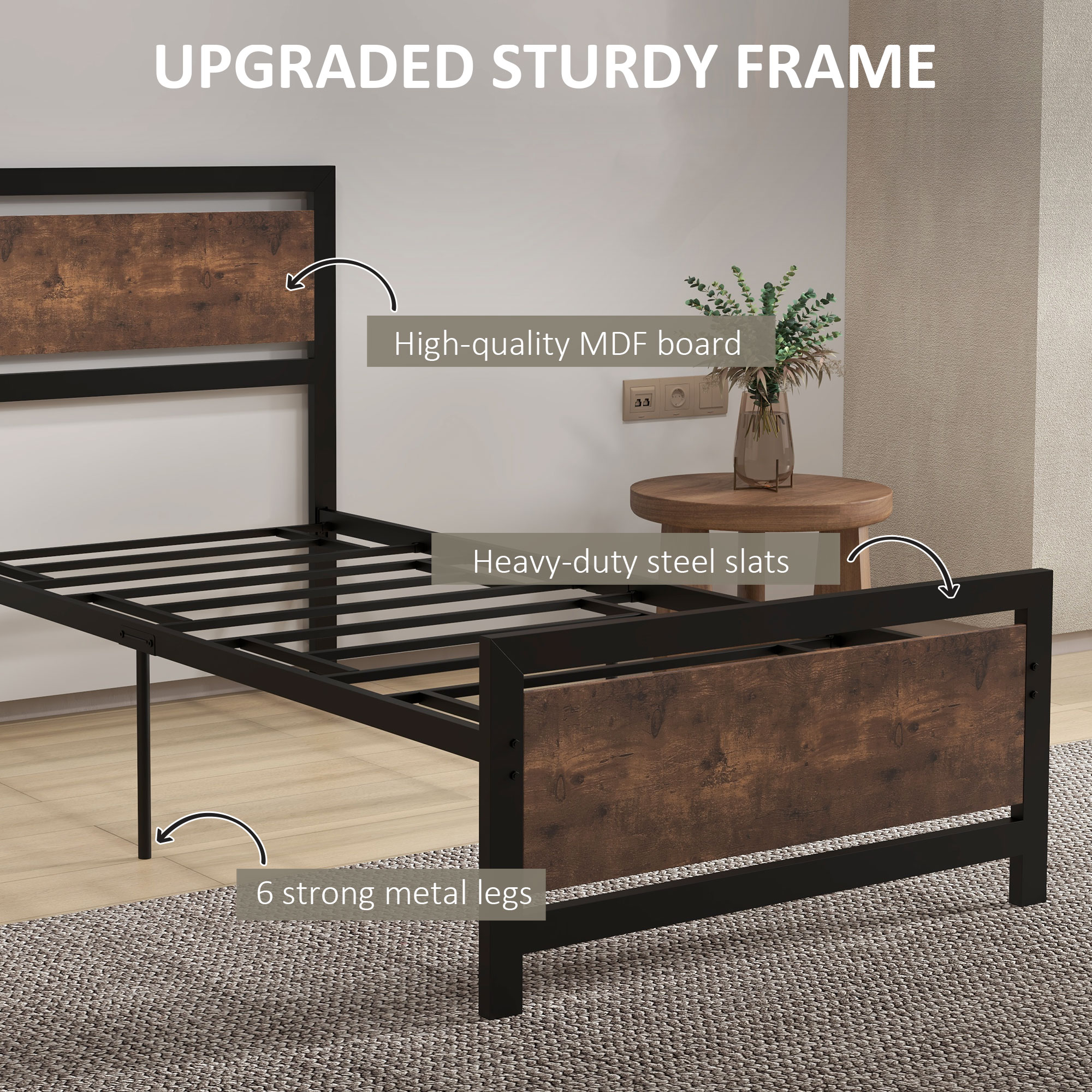 HOMCOM Single Metal Bed Frame, Strong Slat Support, Headboard & Footboard, Solid Bedstead Base with Underbed Storage, No Box Spring Required, Black.