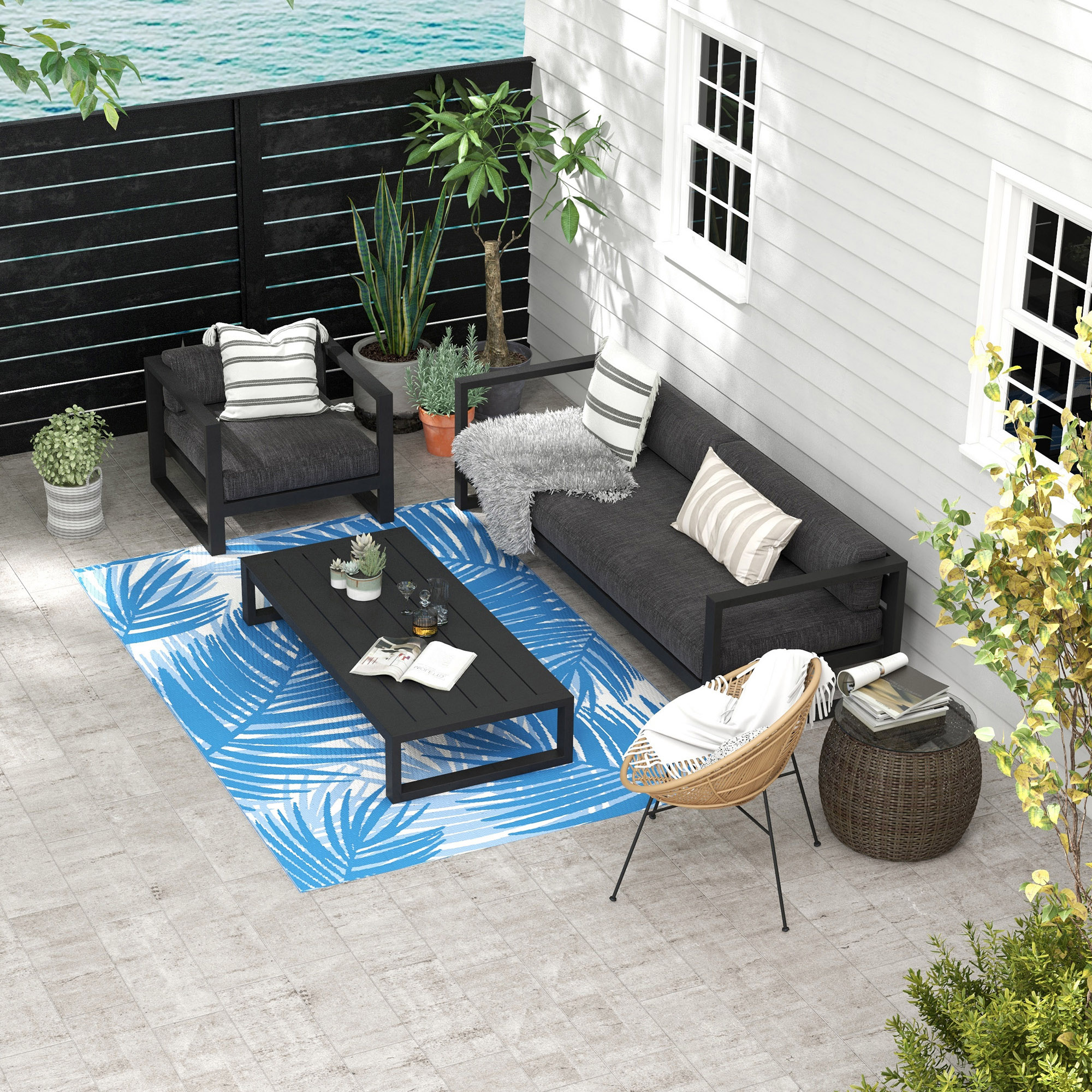 Outsunny Reversible Outdoor Rug, Plastic Straw, Portable with Carry Bag, 182 x 274cm, Blue and Cream