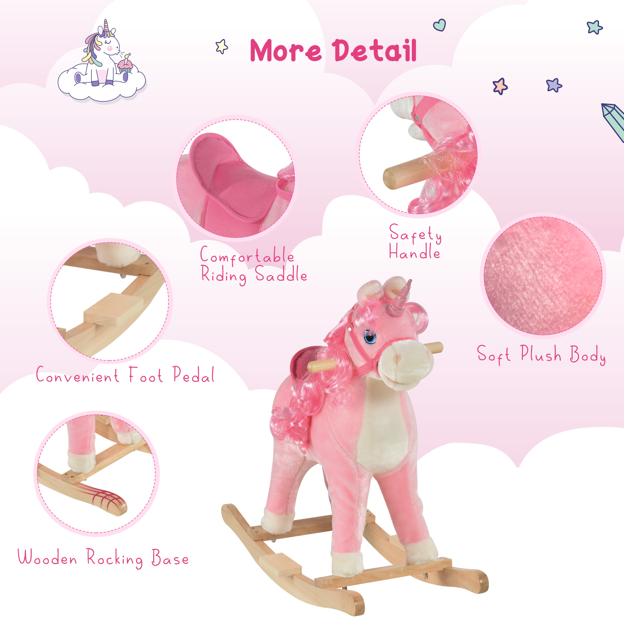 HOMCOM Unicorn Rocking Horse for Kids, Plush Ride On with Sound Effects, Soft, Pink