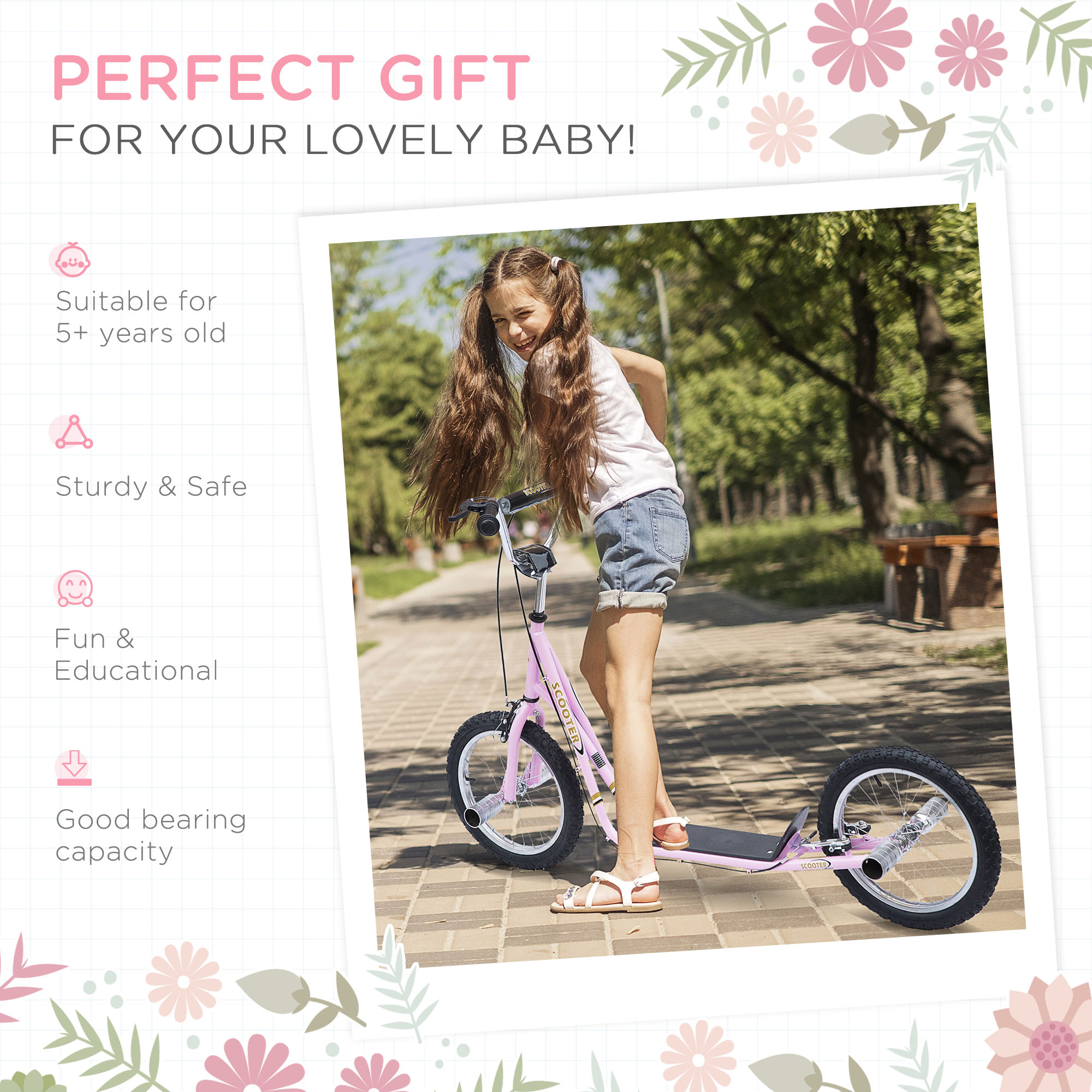 HOMCOM Non-Electric Pneumatic 16" Tyres Scooter-Pink