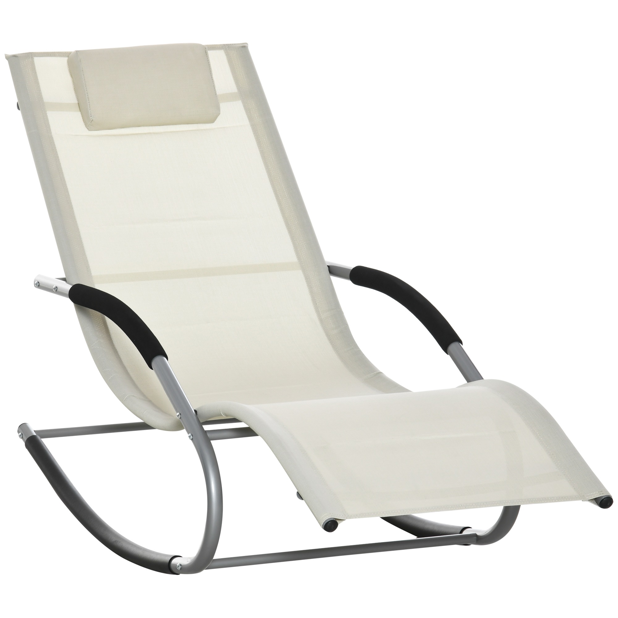 Outsunny Tumbona Mecedora de Jardín con Reposacabezas Reposabrazos Sillón Silla de Exterior Tejido Transpirable y Metal 63x148x85 cm Beige | AOSOM ES