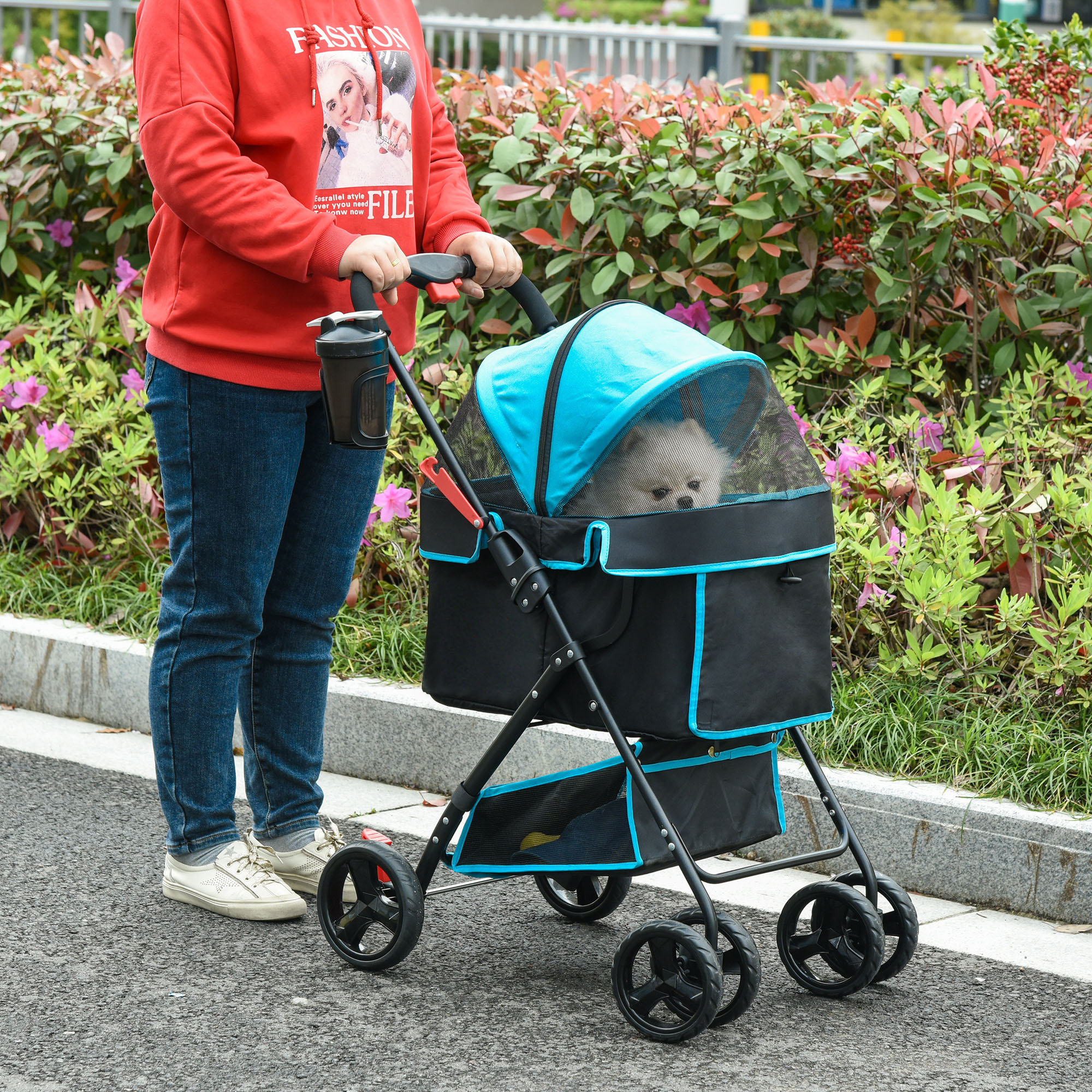 PawHut Pet Stroller with One-Click Fold, EVA Wheels, Brake, Removable Basket, Bottle Holder, Adjustable Canopy, Safety Leash