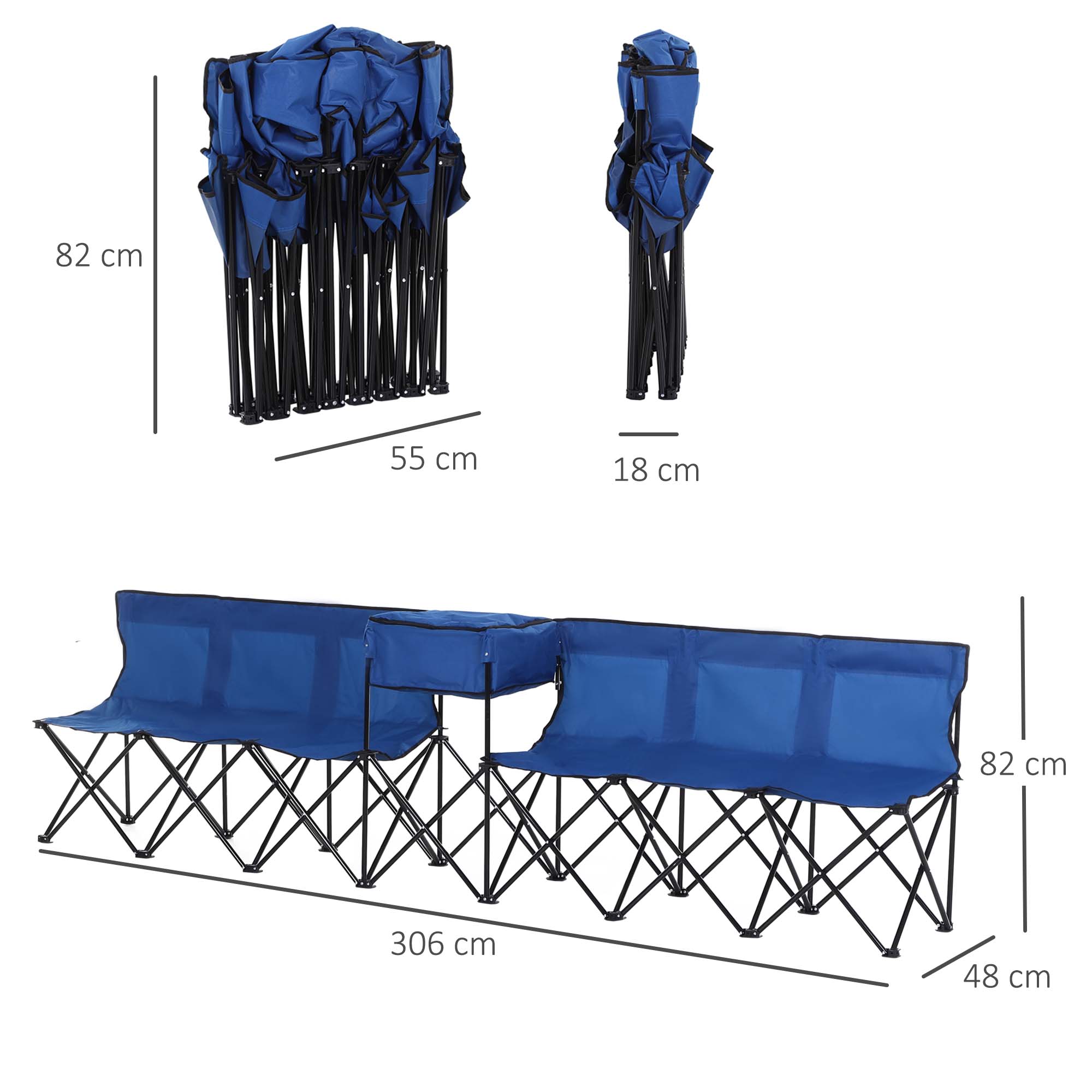 Outsunny Folding Camping Bench for 6, Steel Frame with Cooler Bag, Portable Seating Solution, Blue