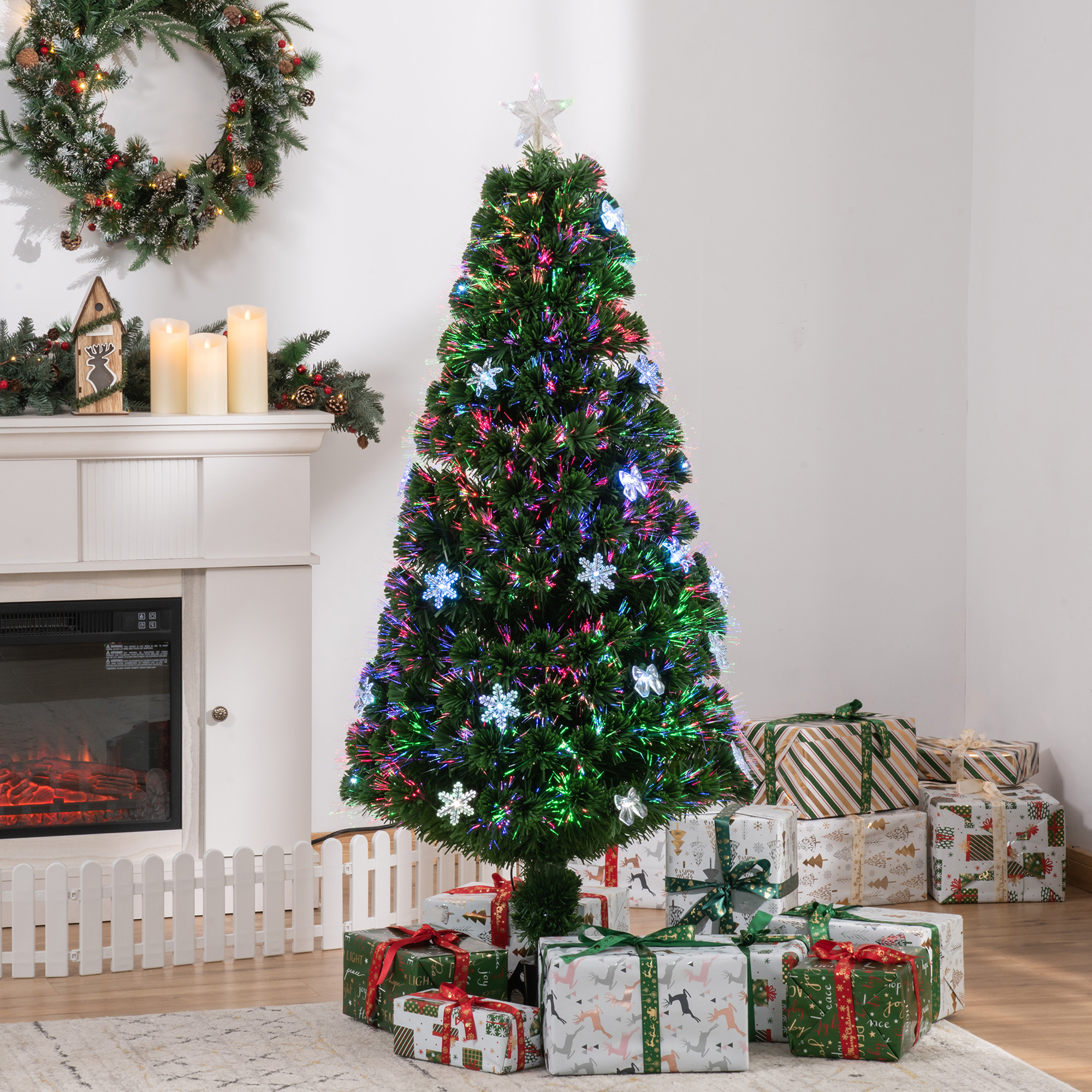HOMCOM 5ft Prelit Artificial Christmas Tree Fiber Optic LED Light Holiday Home Xmas Decoration Tree with Foldable Feet, Green