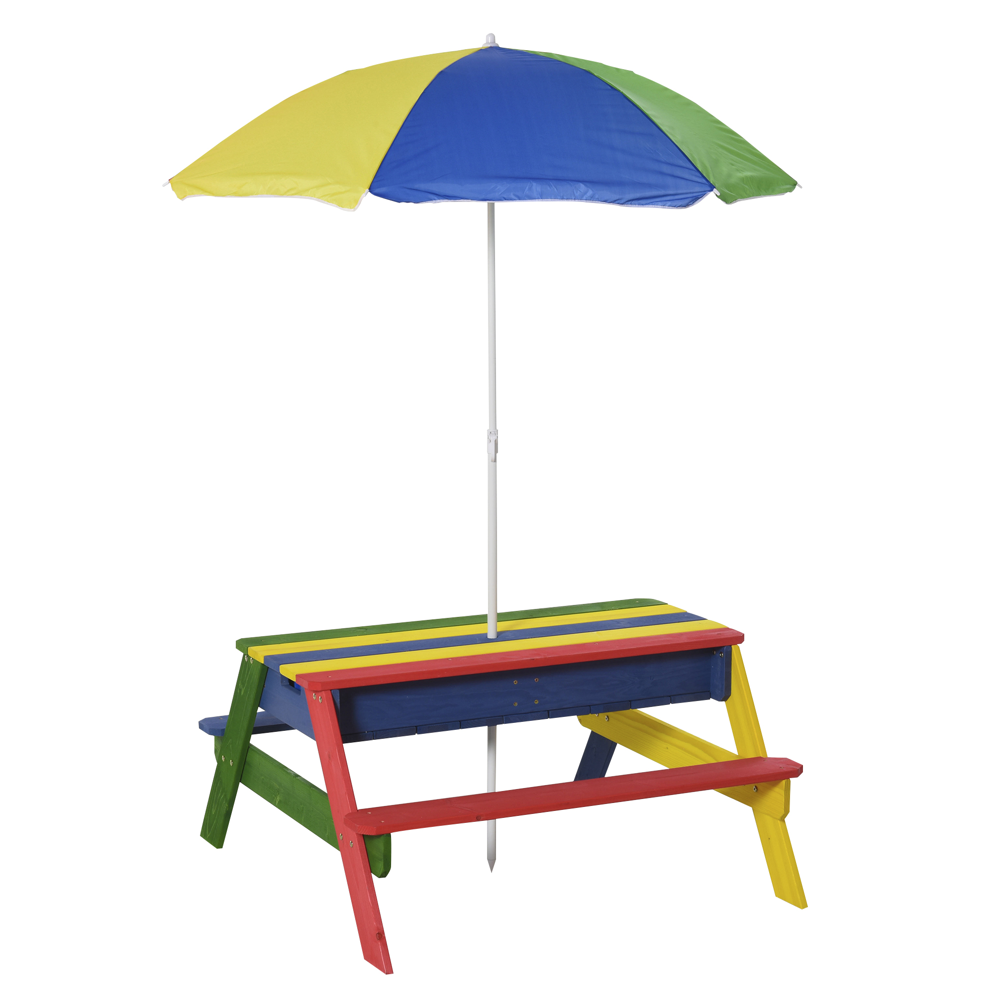 Outsunny Kids Picnic Table Set Wooden Bench Rainbow with Sandbox Removable & Height Adjustable Parasol Outdoor Garden Patio Backyard Beach