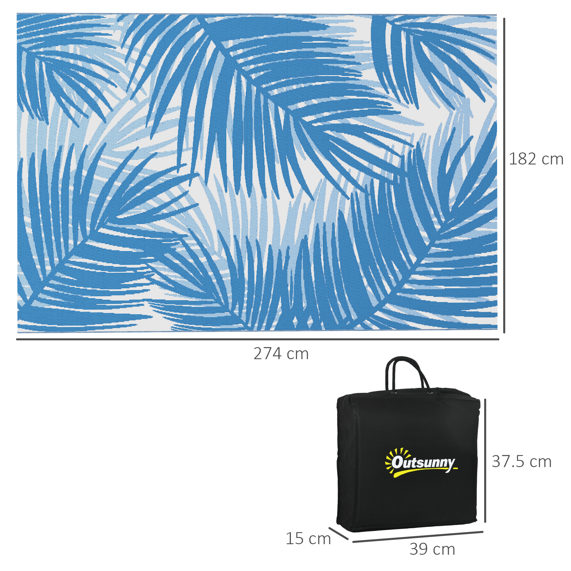 Outsunny Reversible Outdoor Rug, Plastic Straw, Portable with Carry Bag, 182 x 274cm, Blue and Cream
