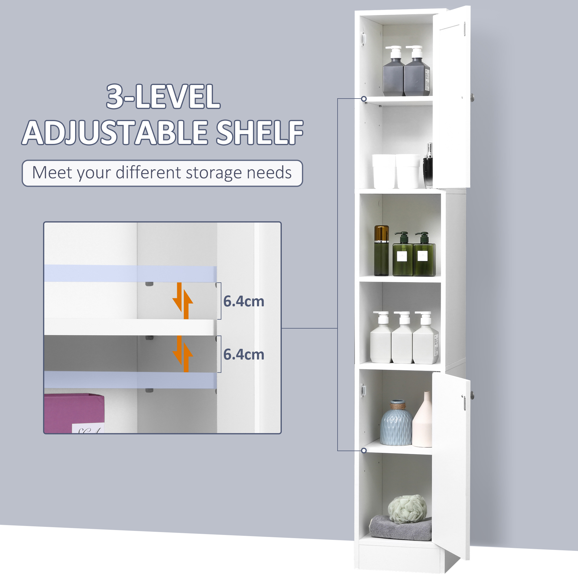 HOMCOM Freestanding Tall Bathroom Cabinet with Mirror Door, Adjustable Shelf Floor Storage Tallboy Unit, White