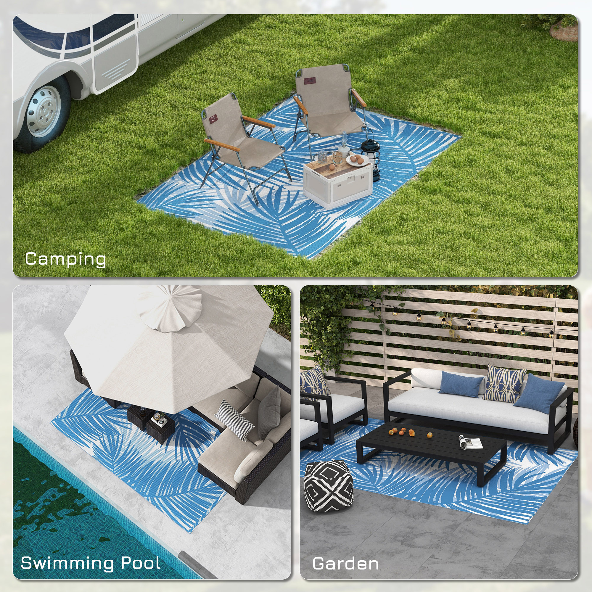Outsunny Reversible Outdoor Rug, Plastic Straw, Portable with Carry Bag, 182 x 274cm, Blue and Cream