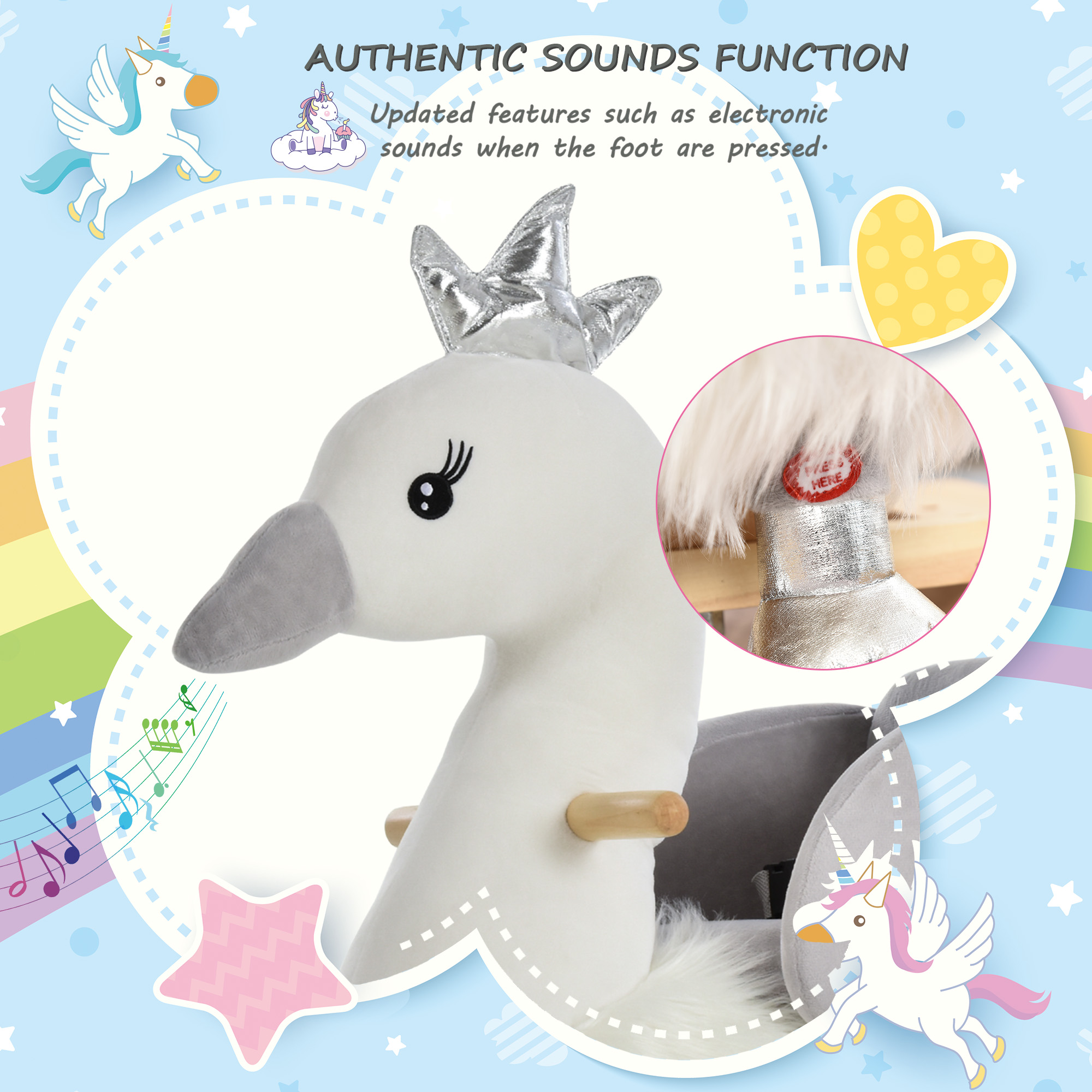 HOMCOM Kids Plush Ride-On Rocking Animal Horse Swan-shaped Toy Rocker with Realistic Sounds for Toddler 18-36 Months
