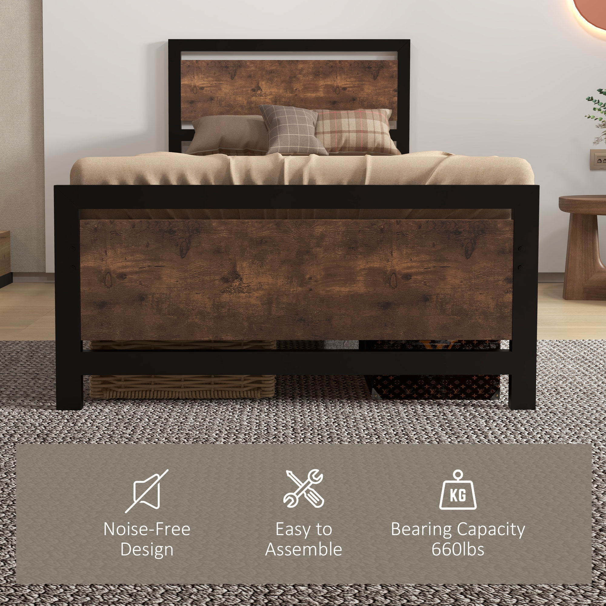 HOMCOM Single Metal Bed Frame, Strong Slat Support, Headboard & Footboard, Solid Bedstead Base with Underbed Storage, No Box Spring Required, Black.
