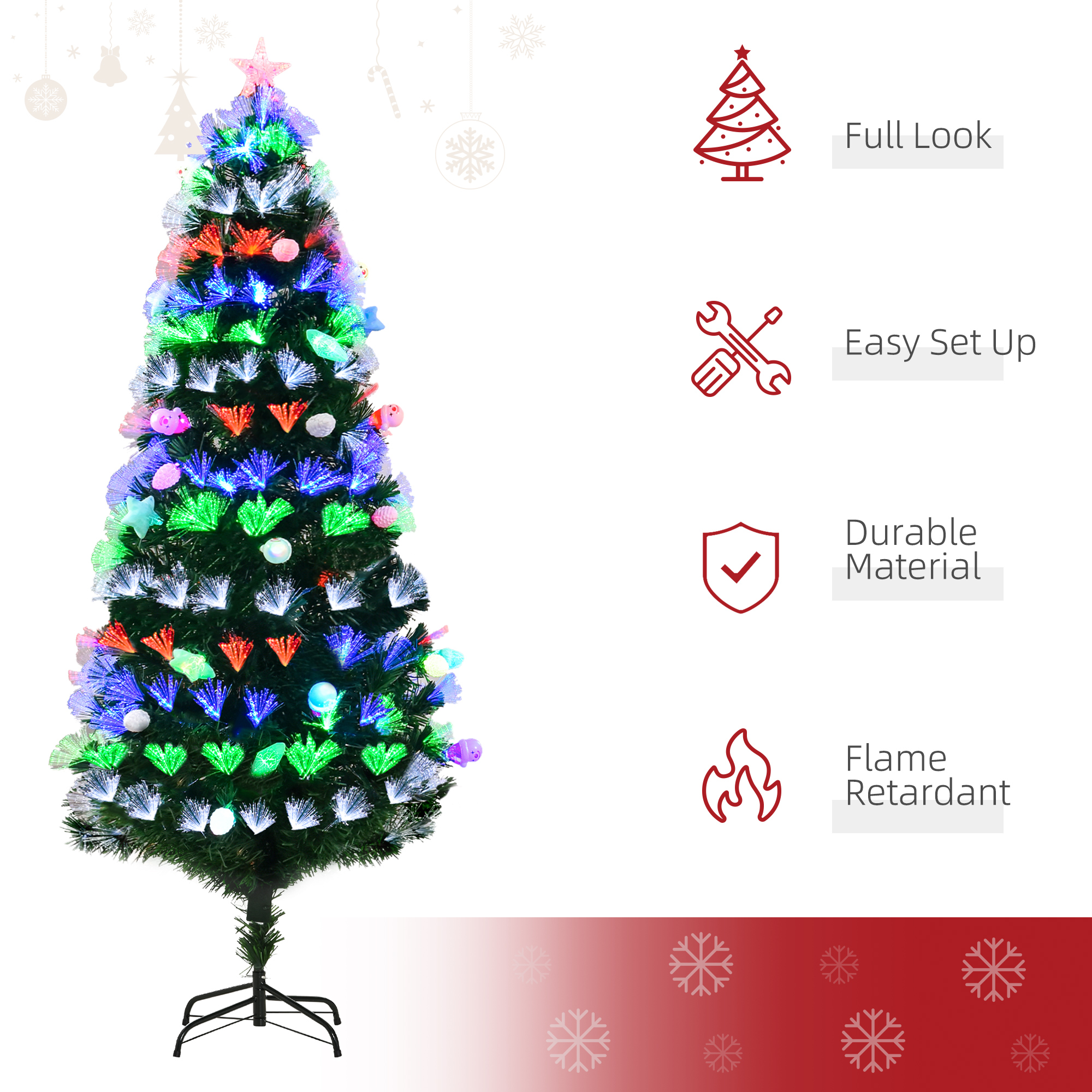 HOMCOM 6FT Pre-Lit Artificial Christmas Tree w/ Fibre Optic Baubles Fitted Star LED Light Holiday Home Xmas Decoration-Green