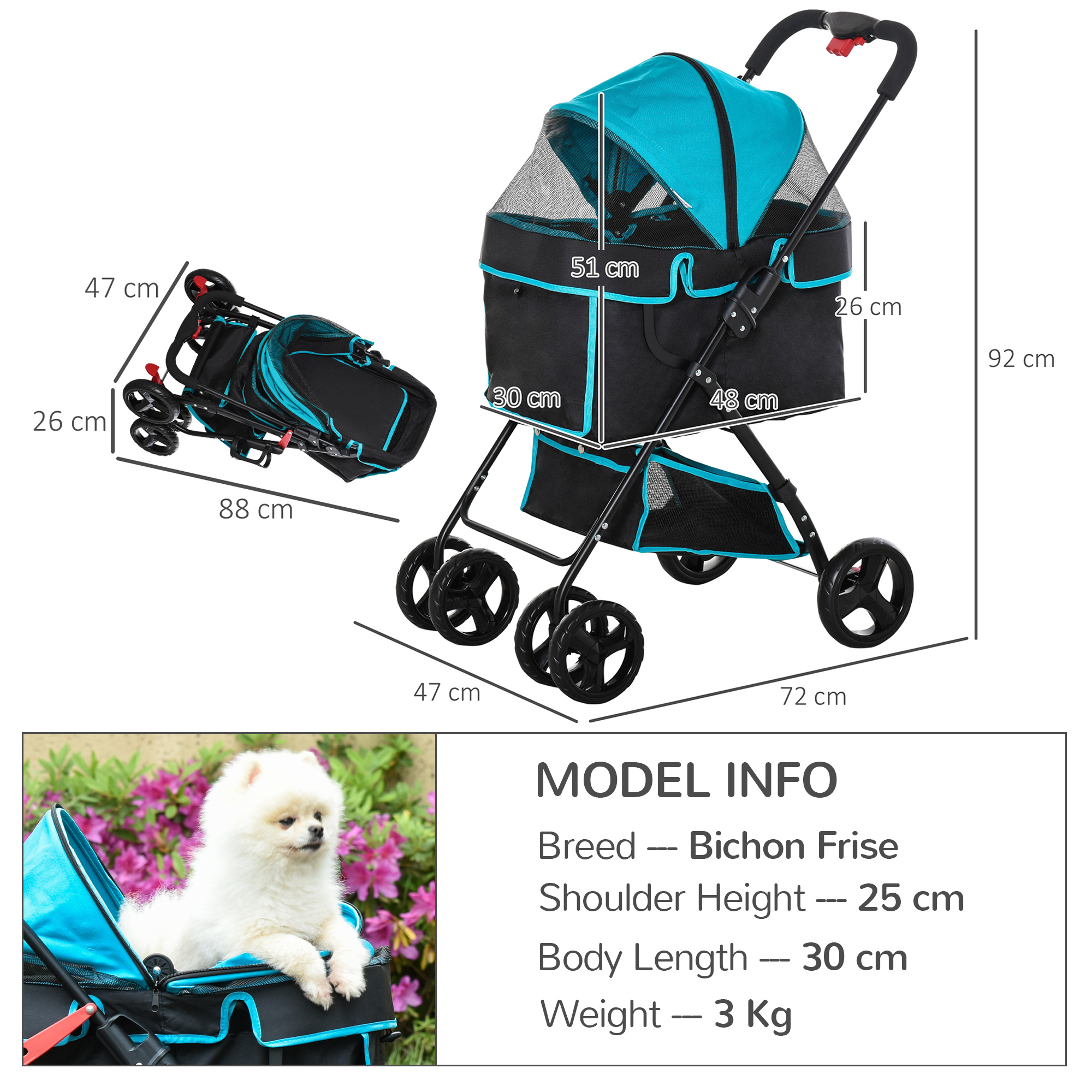 PawHut Pet Stroller with One-Click Fold, EVA Wheels, Brake, Removable Basket, Bottle Holder, Adjustable Canopy, Safety Leash