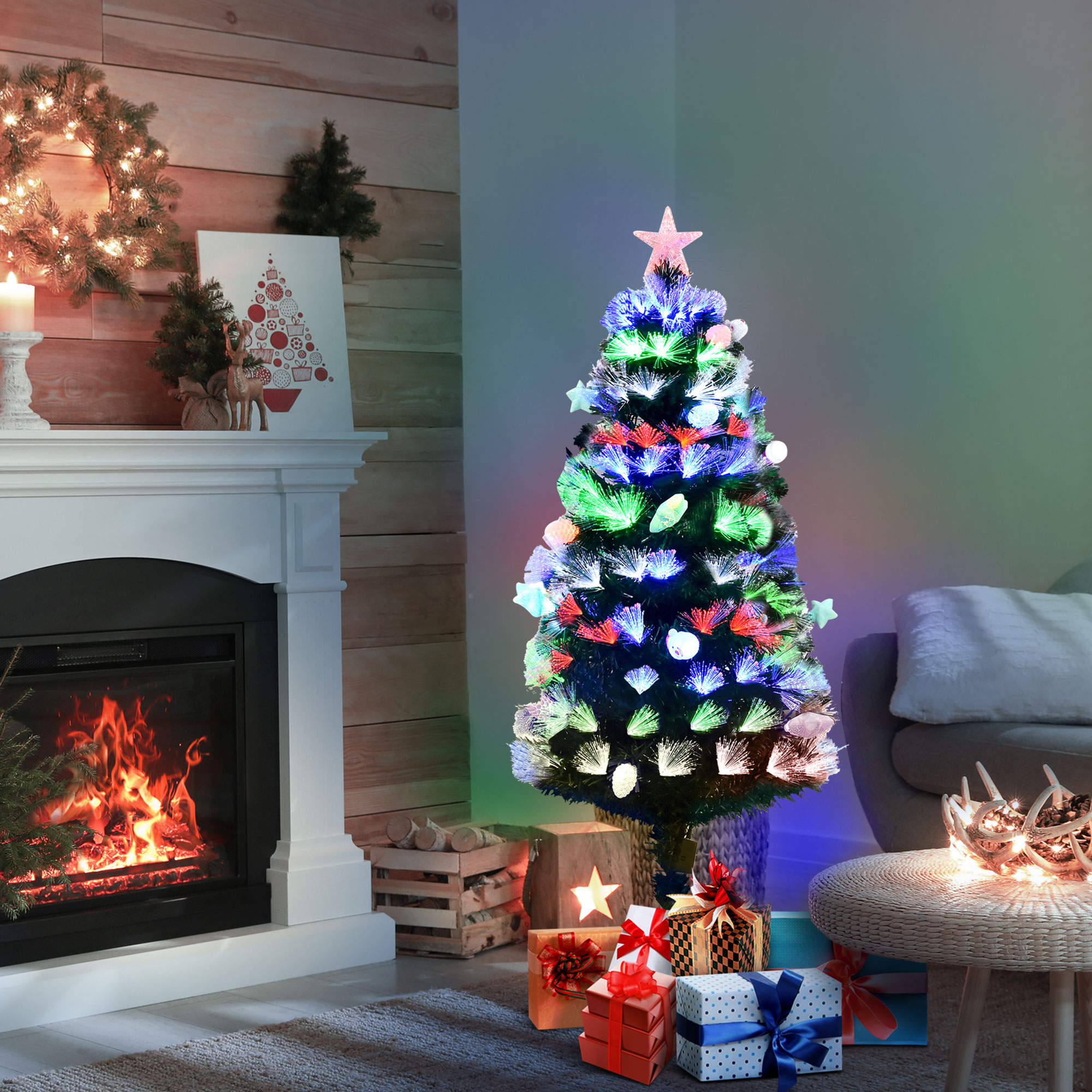 HOMCOM 5FT Pre-Lit Artificial Christmas Tree w/ Fibre Optic Baubles Fitted Star LED Light Holiday Home Xmas Decoration-Green