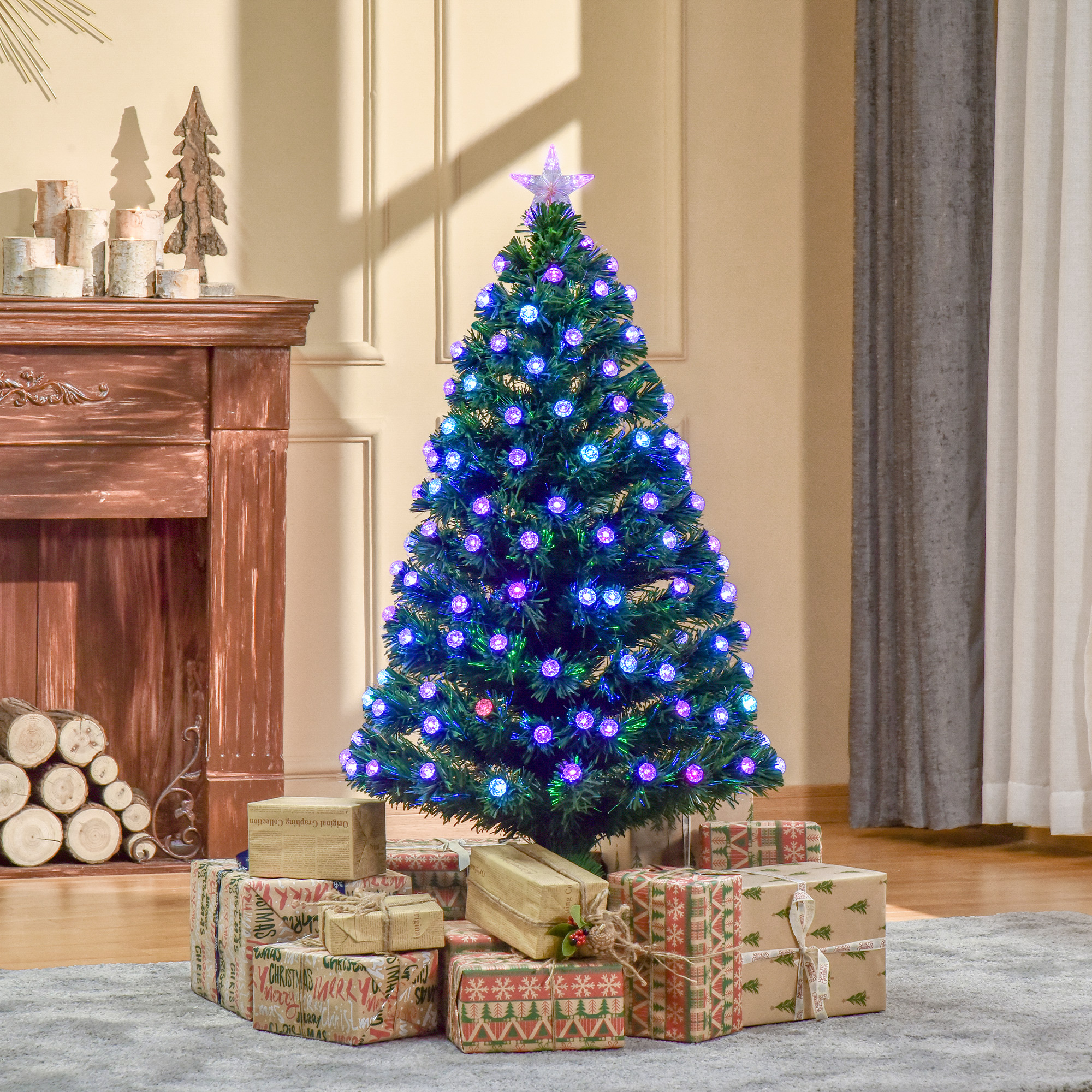 HOMCOM 4FT Prelit Christmas Tree Artificial w/Fibre Optic Decorations LED Light Holiday Home Xmas Decoration-Green