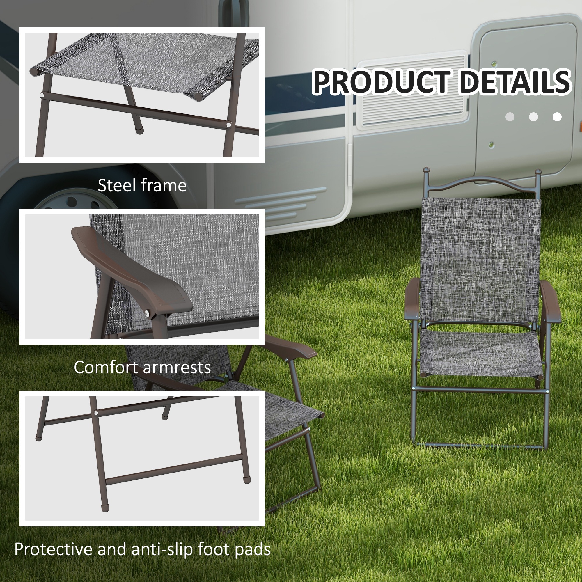 Outsunny Folding Chairs for Patio, Set of 2, Camping Sports Chairs with Armrest, Mesh Fabric Seat, Grey