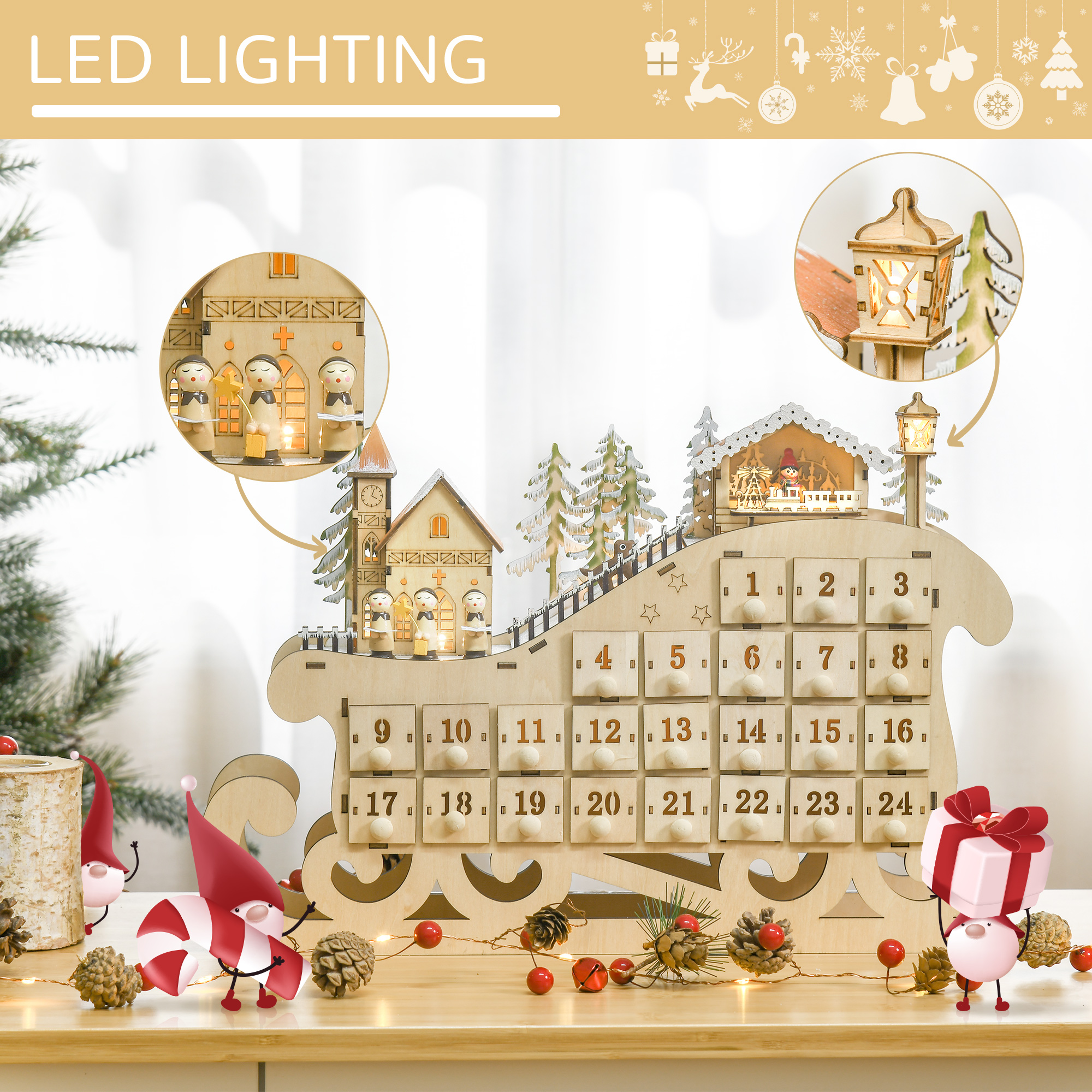 HOMCOM Christmas Advent Calendar, Light Up Table Xmas Wooden Sled Holiday Decoration with Countdown Drawer, Village, Natural Wood Color