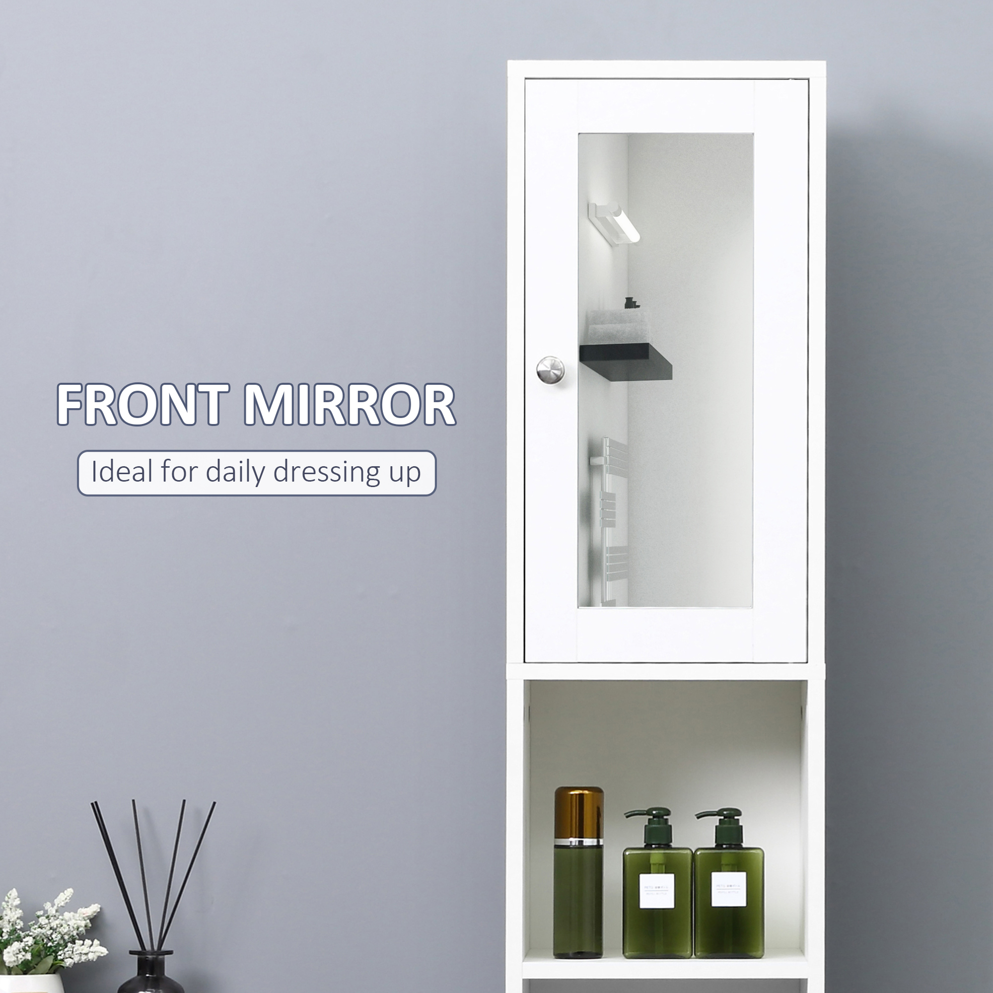 HOMCOM Freestanding Tall Bathroom Cabinet with Mirror Door, Adjustable Shelf Floor Storage Tallboy Unit, White