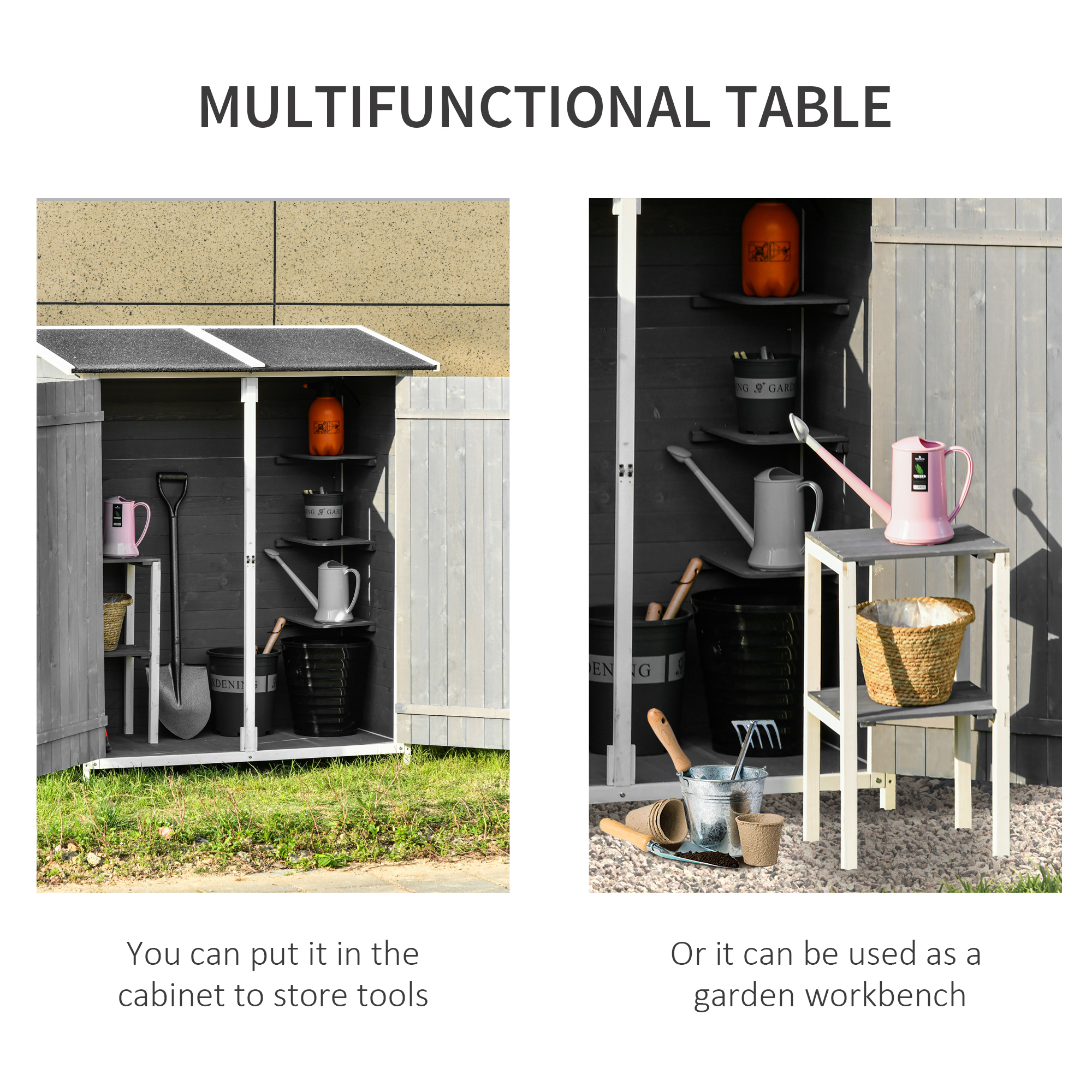 Outsunny Garden Wood Storage Shed w/ Storage Table, Hooks and Ground Nails Multifunction Lockable Sheds Tool Organizer, 139 x 75 x 160cm, Grey