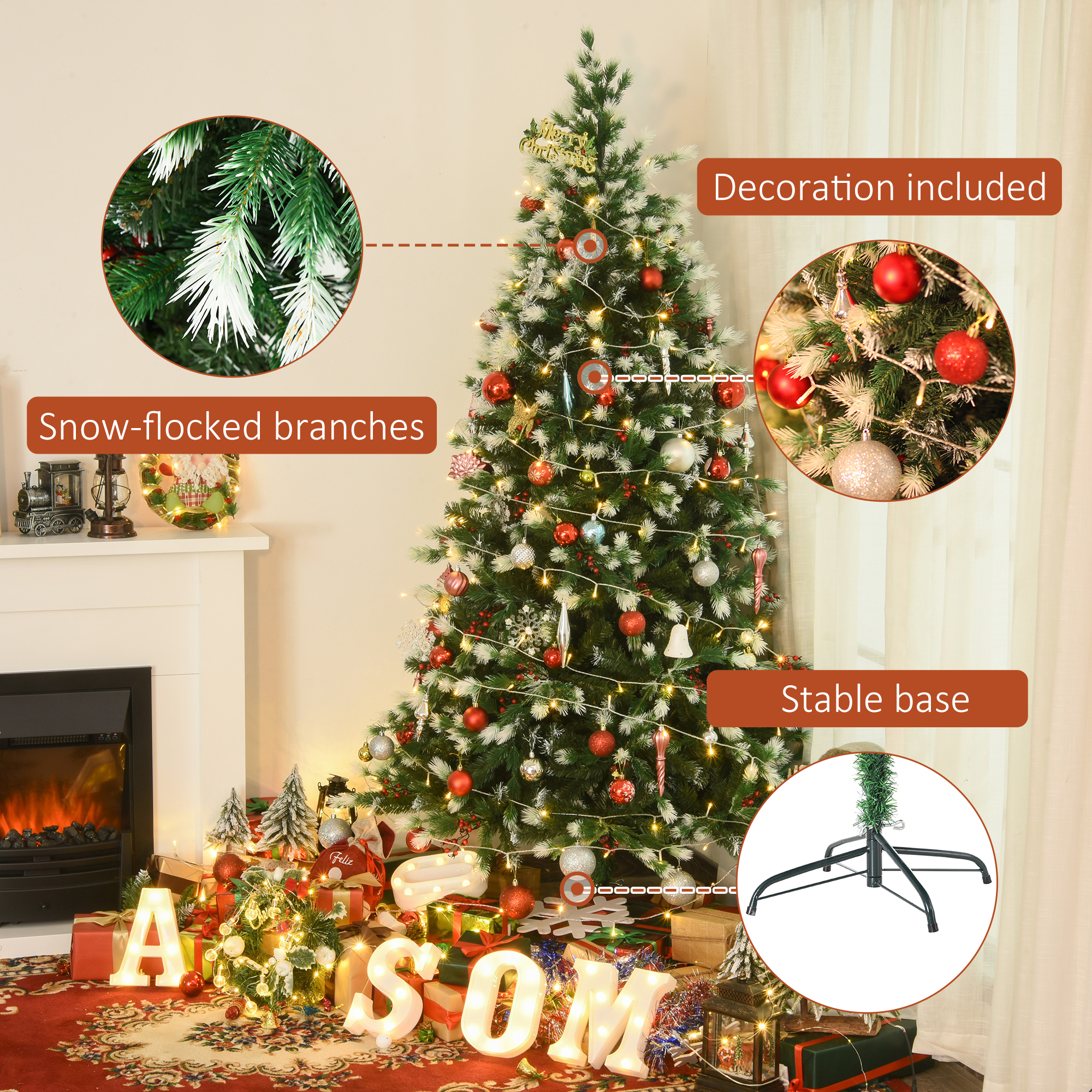 HOMCOM 6ft Artificial Snow-Flocked Pine Tree Holiday Home Christmas Decoration with Red Berries, Automatic Open - Green