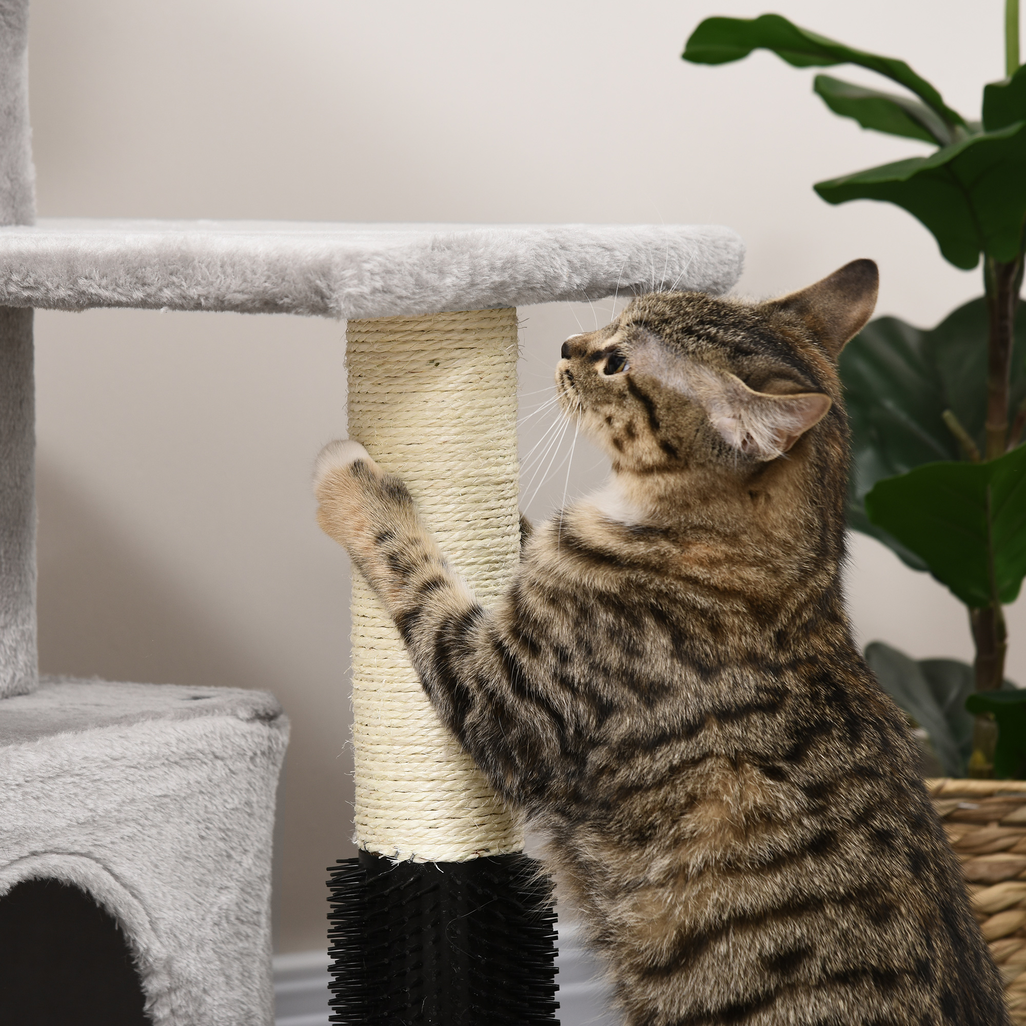 PawHut Cat Tree Tower with Sisal Scratching Posts, Kitten Climbing Activity Centre, Massage Toy Included, 48 x 48 x 80cm, Light Grey