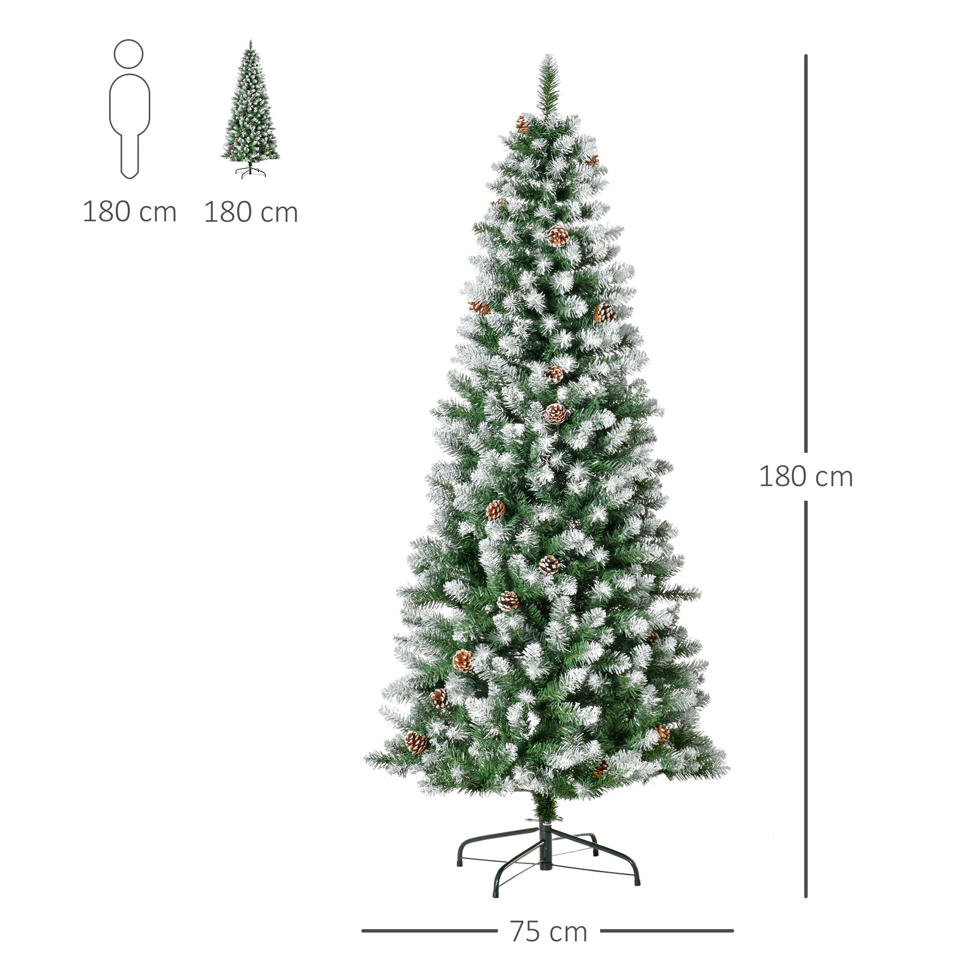 Árbol De Navidad Artificial HOMCOM 180 Cm - 1111 Puntas De PVC, 59 Piñas, Base Metálica Plegable