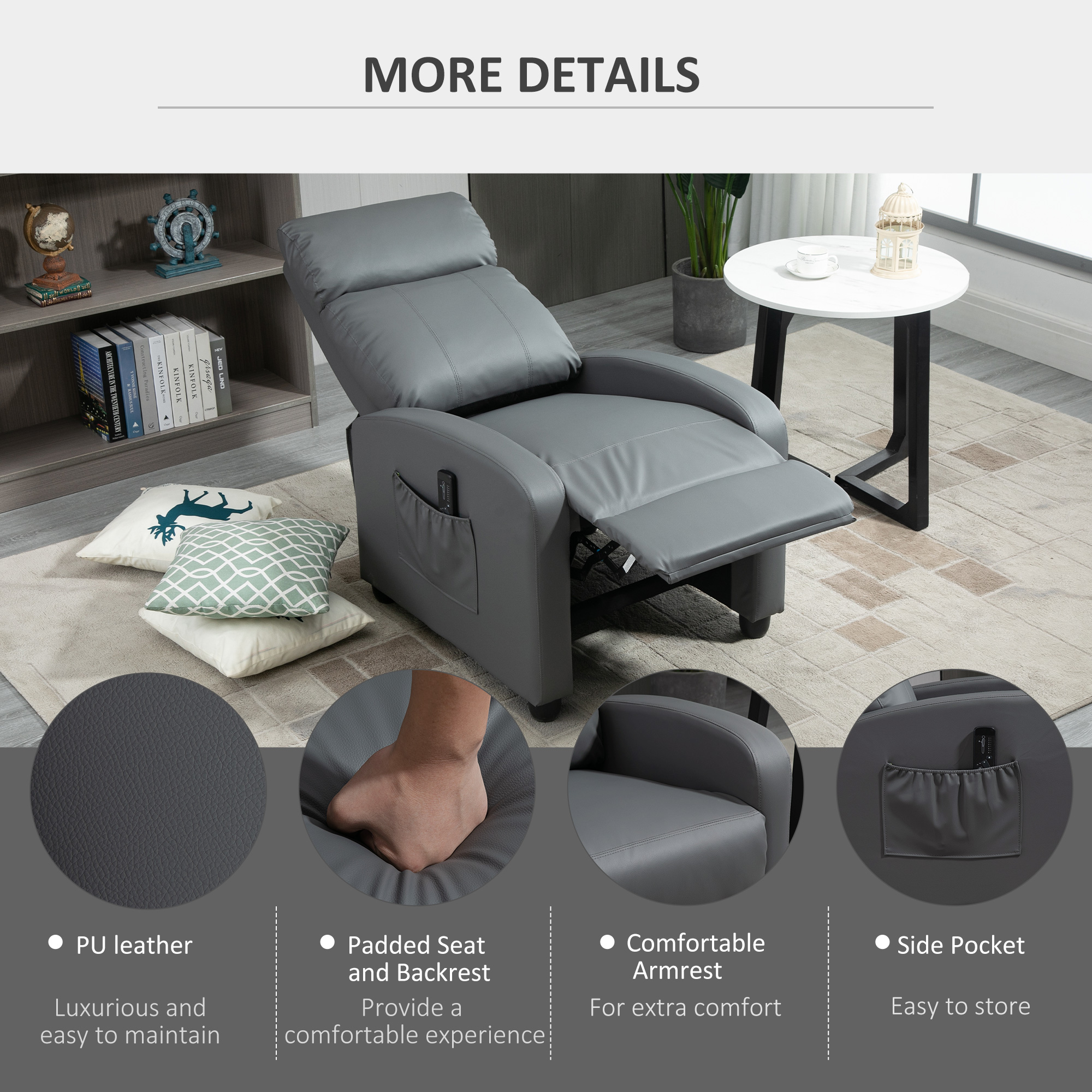 HOMCOM Reclining Massage Chair, Faux Leather with Footrest, Remote Control, for Lounge, Bedroom, Cinema, Grey