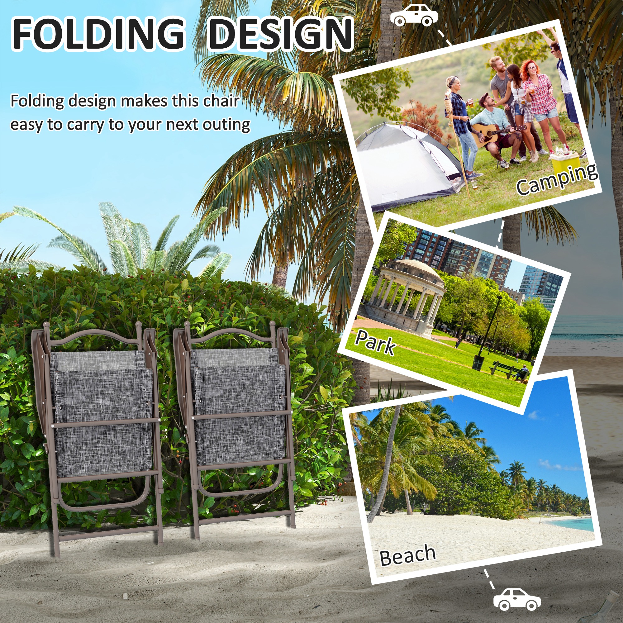 Outsunny Folding Chairs for Patio, Set of 2, Camping Sports Chairs with Armrest, Mesh Fabric Seat, Grey