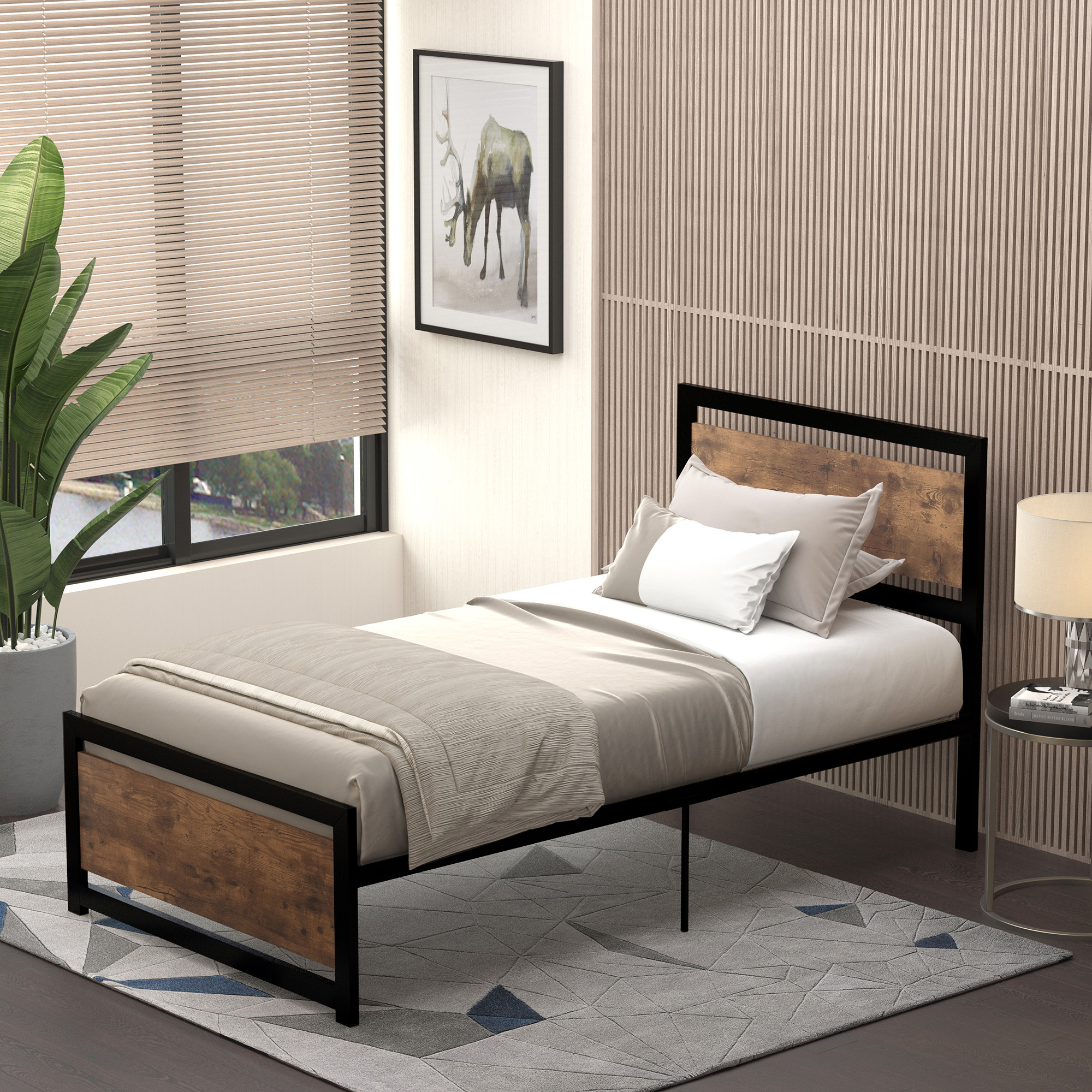 HOMCOM Single Metal Bed Frame, Strong Slat Support, Headboard & Footboard, Solid Bedstead Base with Underbed Storage, No Box Spring Required, Black.