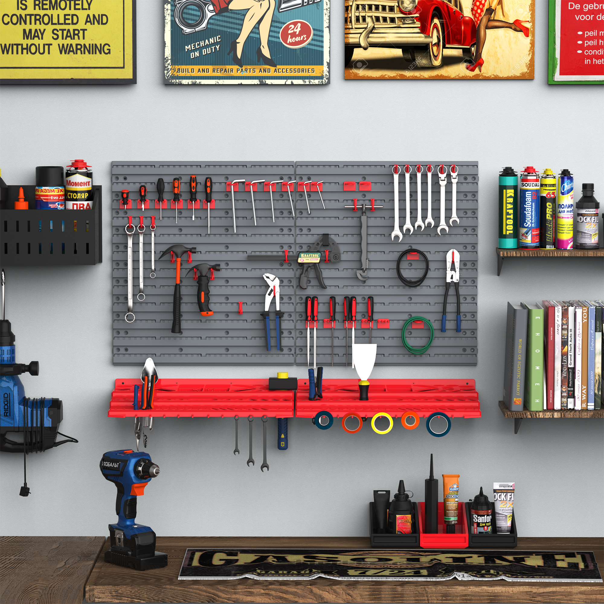 DURHAND Wall Mounted Tool Storage Board, 54 Piece Set with Pegboard, 50 Pegs, 2 Shelves, Organiser for Workshop, Garage