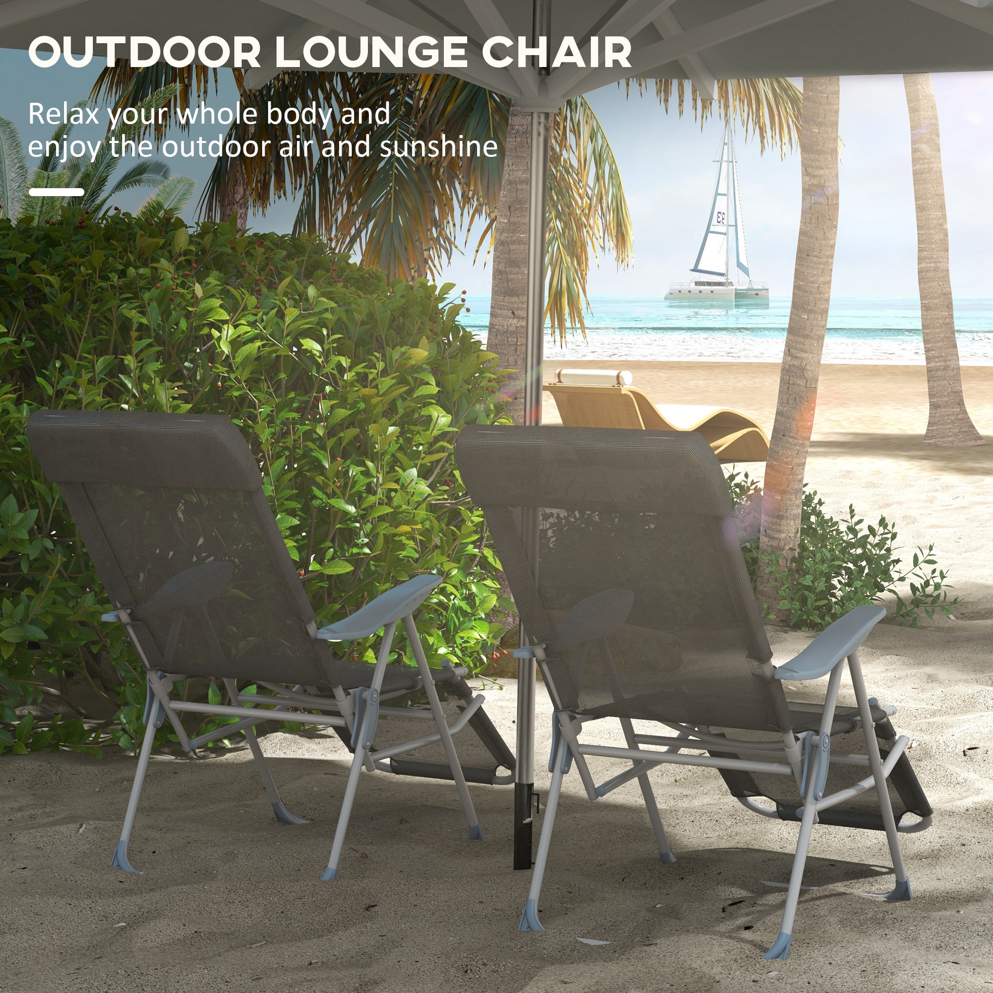 Outsunny Outdoor Sun Lounger Set of 2, Reclining Garden Chairs w/ Adjustable Footrest, 2 pcs Recliner w/ 5-level Adjustable Backrest, Headrest, Black