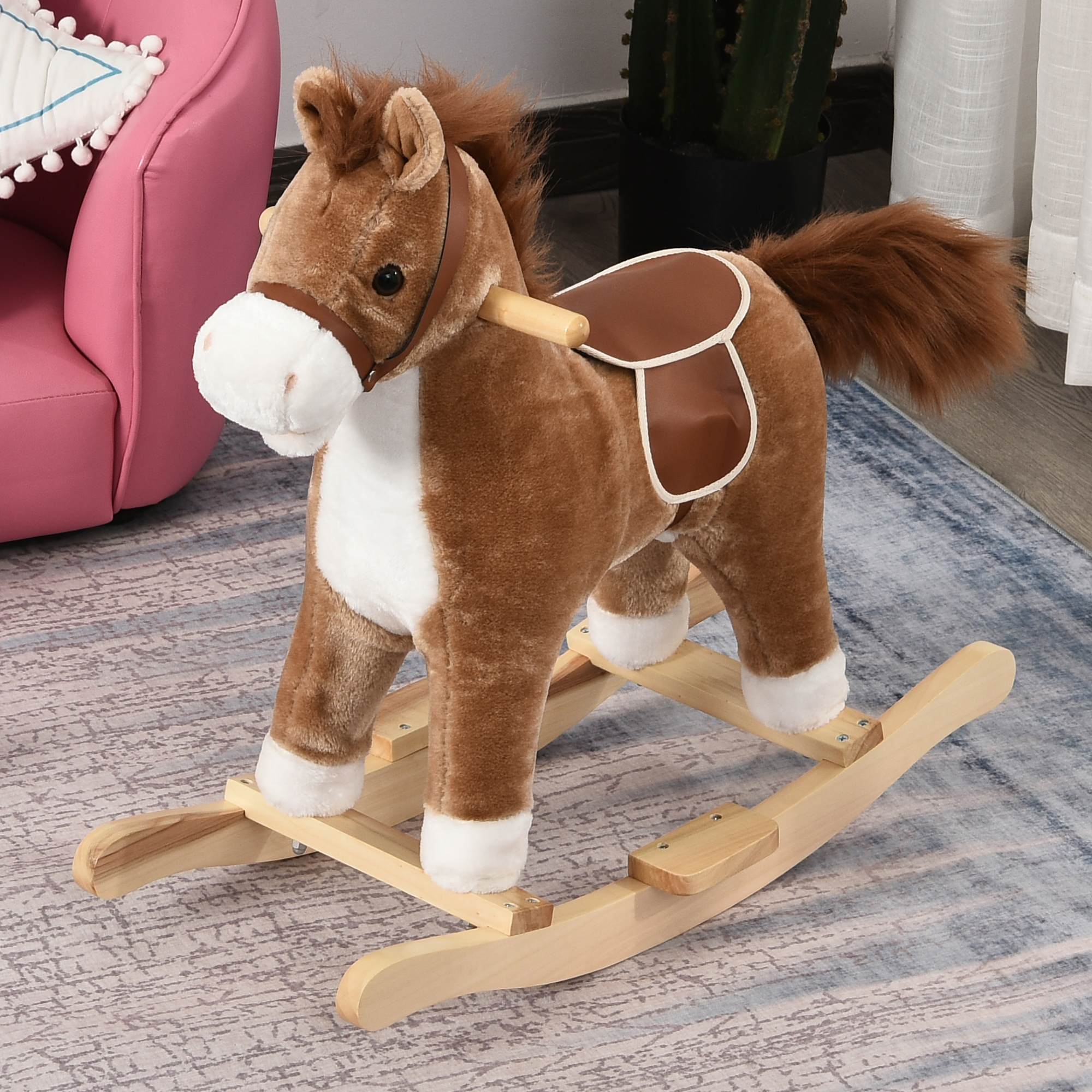 HOMCOM Kids Ride On Plush Rocking Horse w/ Sound Brown