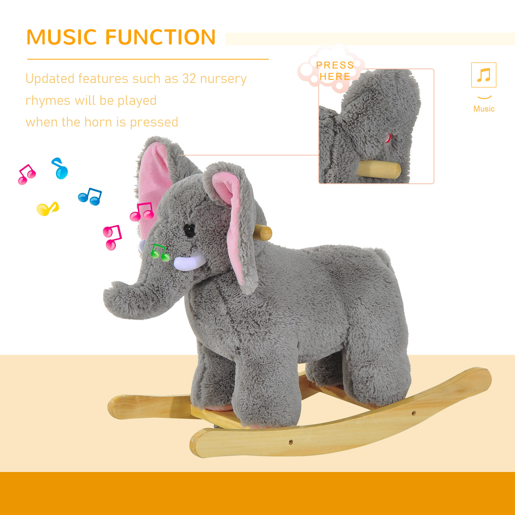 HOMCOM Plush Elephant Rocking Horse for Kids, Traditional Wooden Riding Toy with 32 Nursery Rhymes, Grey