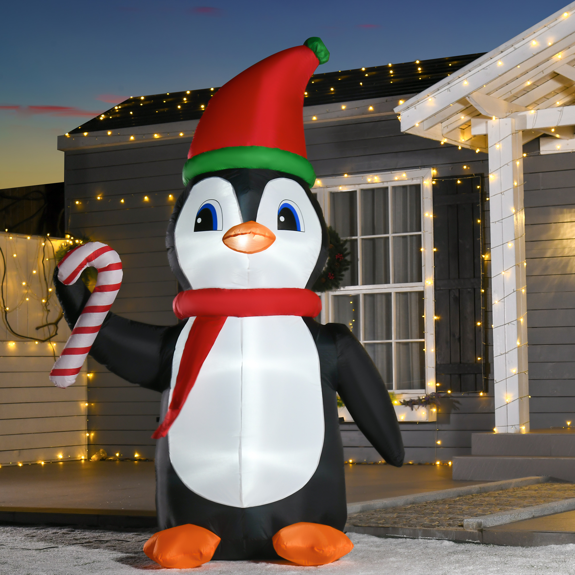 HOMCOM 2.5m Inflatable Christmas Penguin Holding Candy Cane Blow Up Outdoor Decoration with LED Lights for Holiday