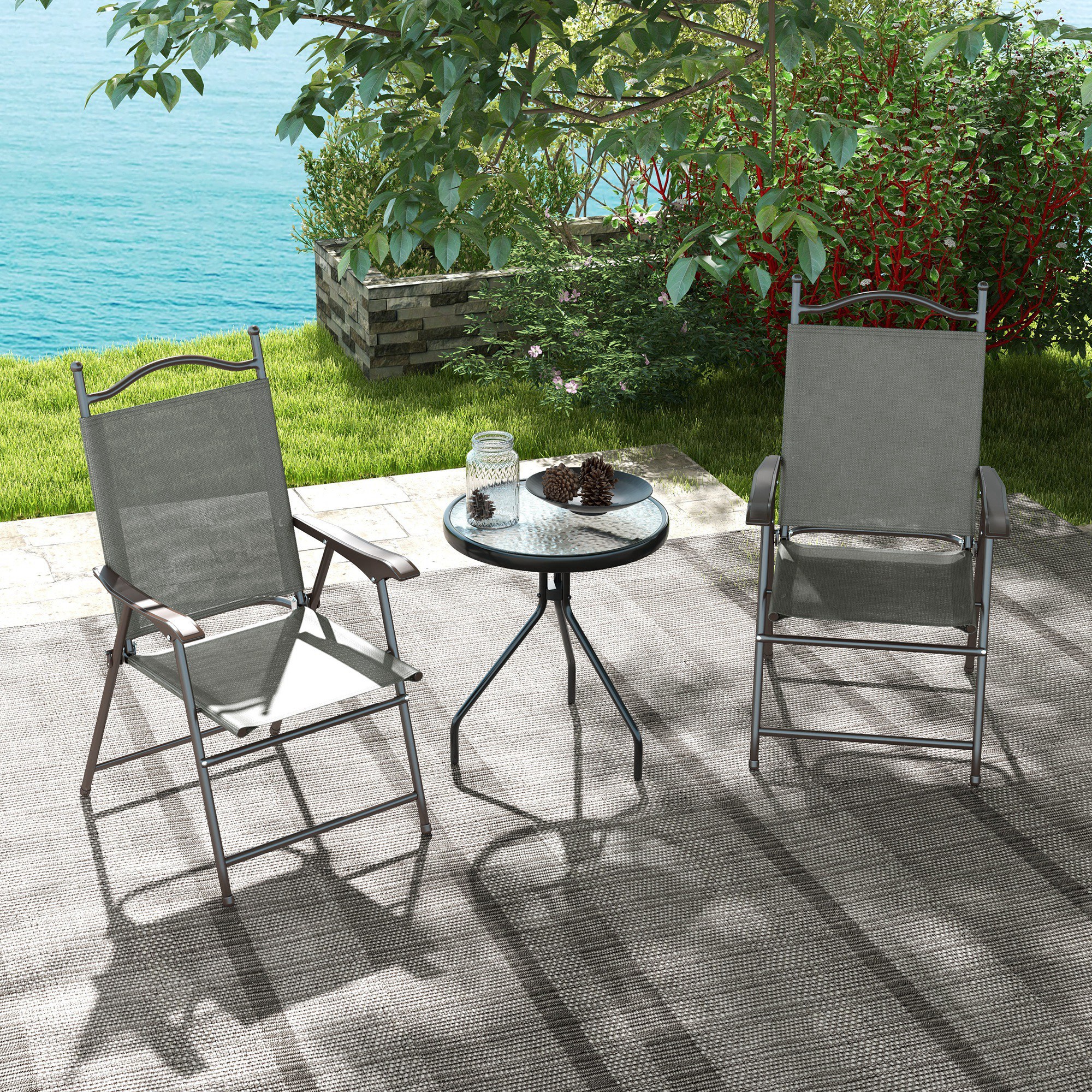 Outsunny 2 Pieces Folding Patio Camping Chairs Set, Sports Chairs for Adults with Armrest, Mesh Fabric Seat for Lawn