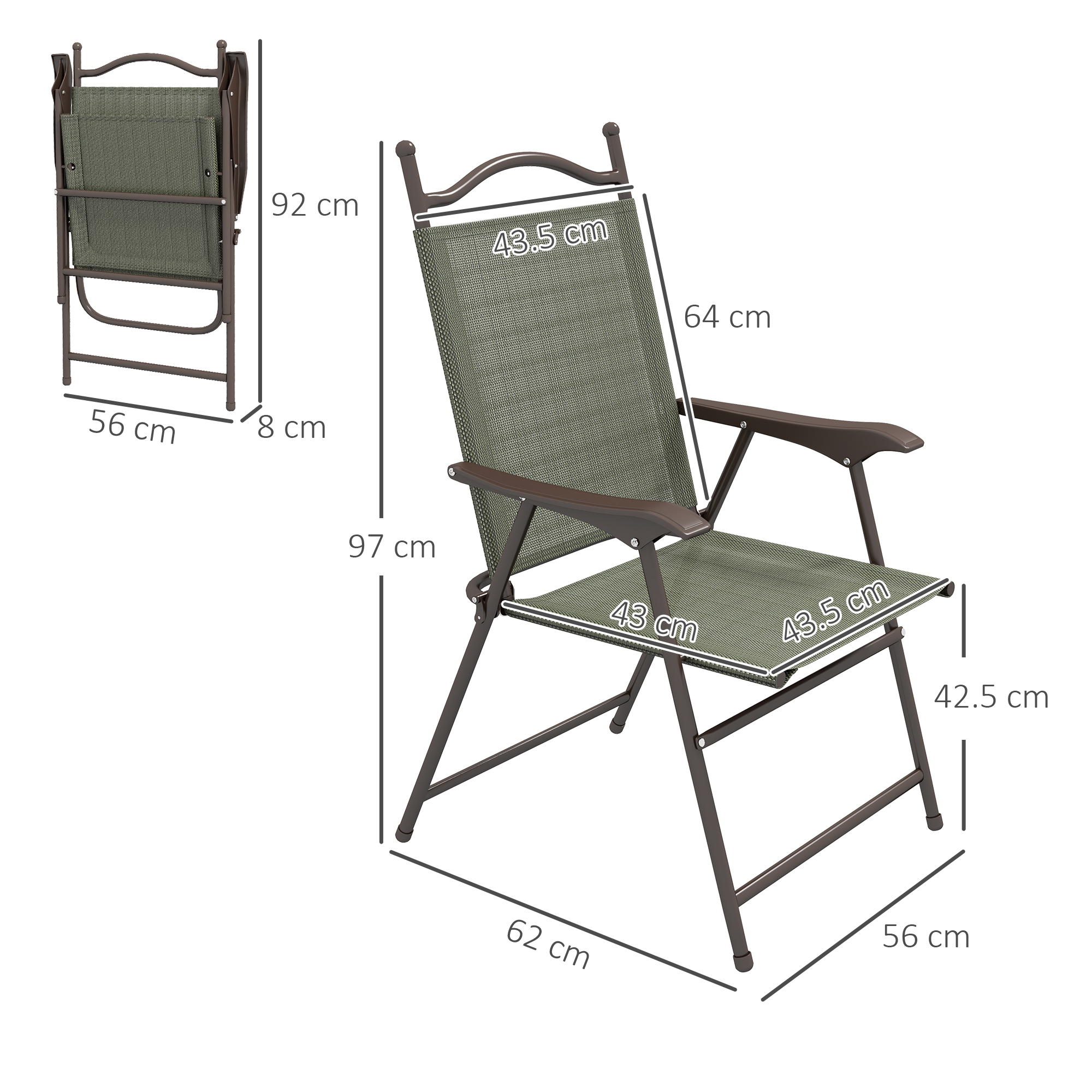 Outsunny Folding Chairs Set for Patio, Camping, Sports, Adults, Armrest, Mesh Fabric Seat, Lawn, Dark Brown