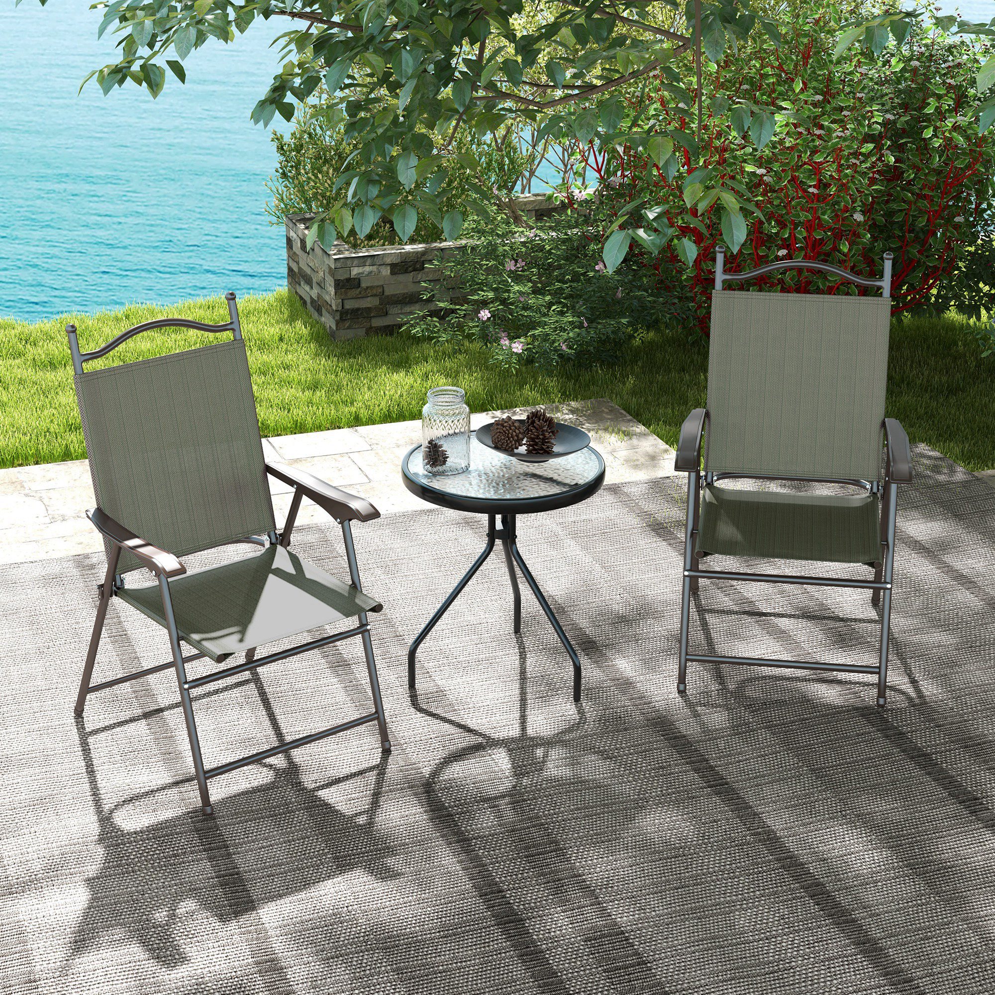 Outsunny Folding Chairs Set for Patio, Camping, Sports, Adults, Armrest, Mesh Fabric Seat, Lawn, Dark Brown
